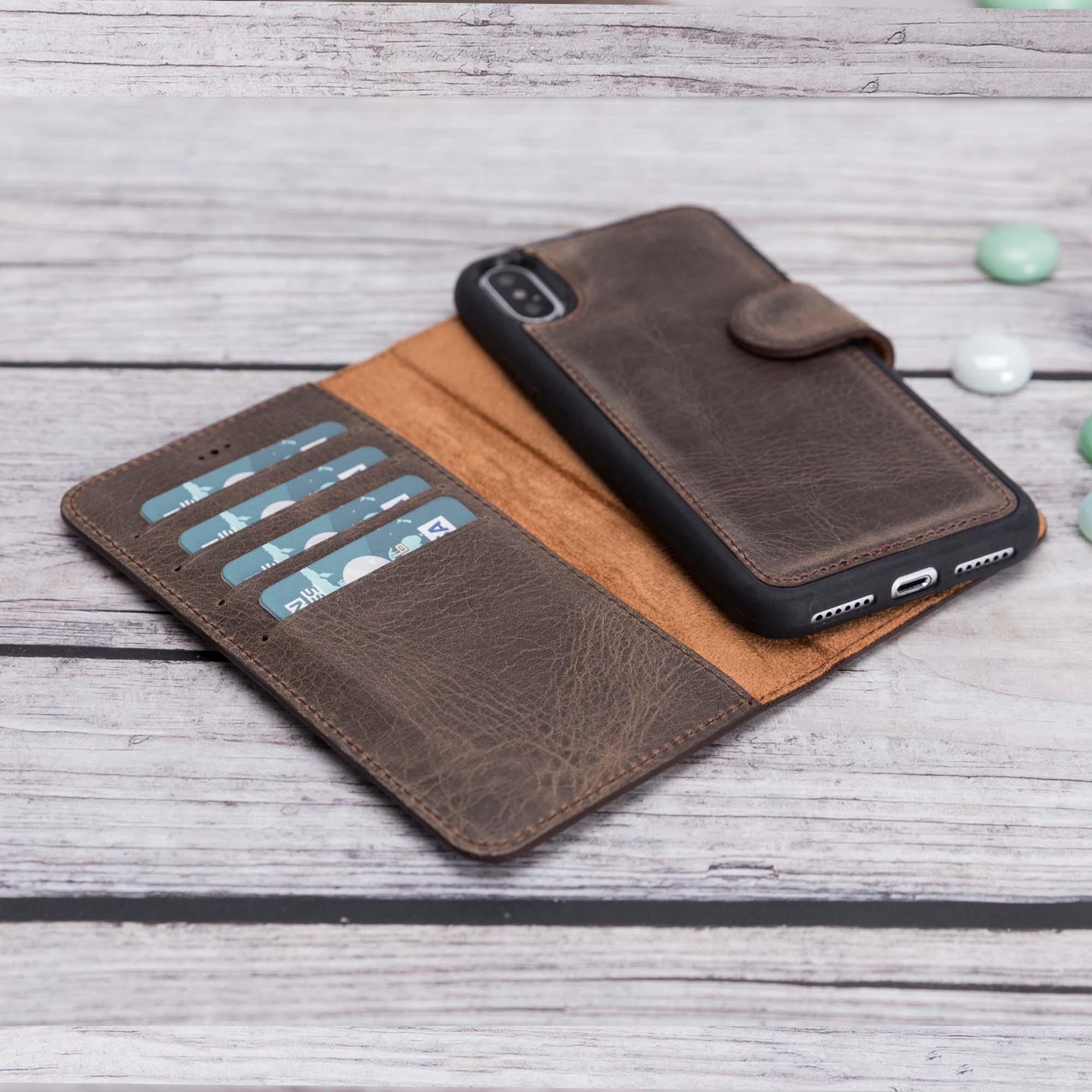 Magic Magnetic Detachable Leather Wallet Case for iPhone X / XS (5.8") - BROWN - saracleather