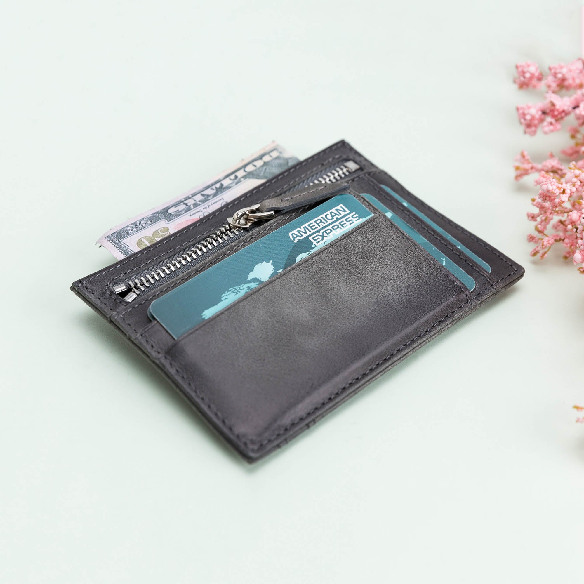 Slim Zipper Leather Wallet - EFFECT GRAY - saracleather