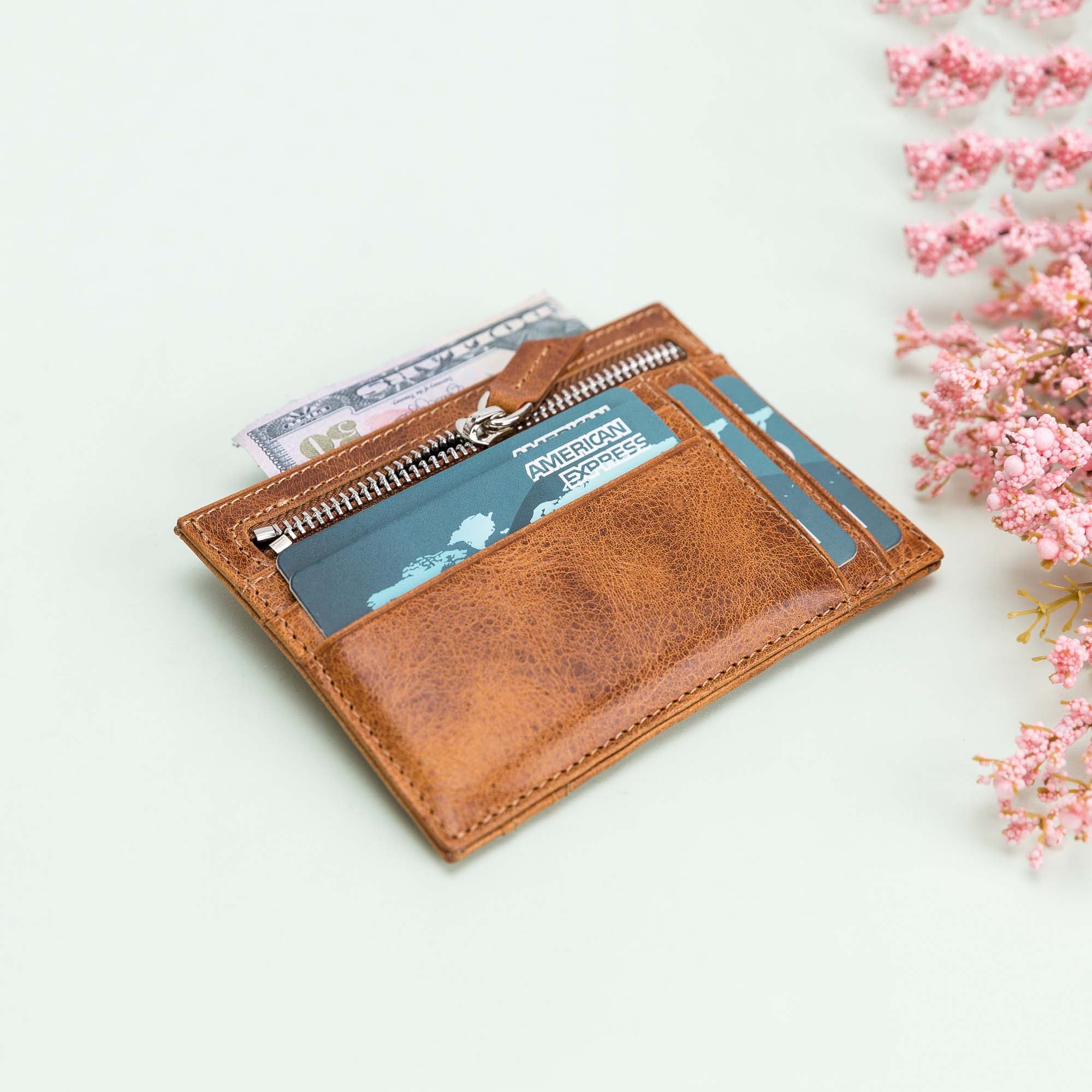 Slim Zipper Leather Wallet - TAN - saracleather