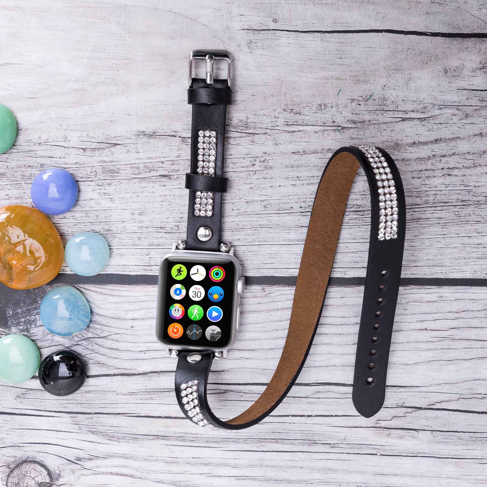 Ferro Double Tour Strap: Full Grain Leather Band for Apple Watch - BLACK - saracleather