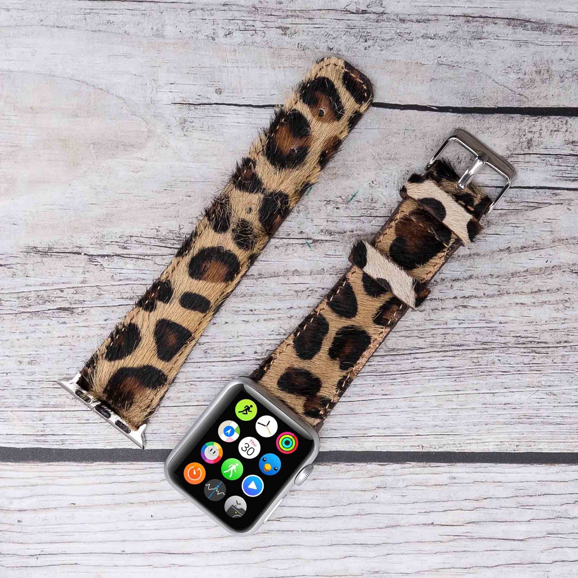 Full Grain Leather Band for Apple Watch - FURRY LEOPARD PATTERNED - saracleather