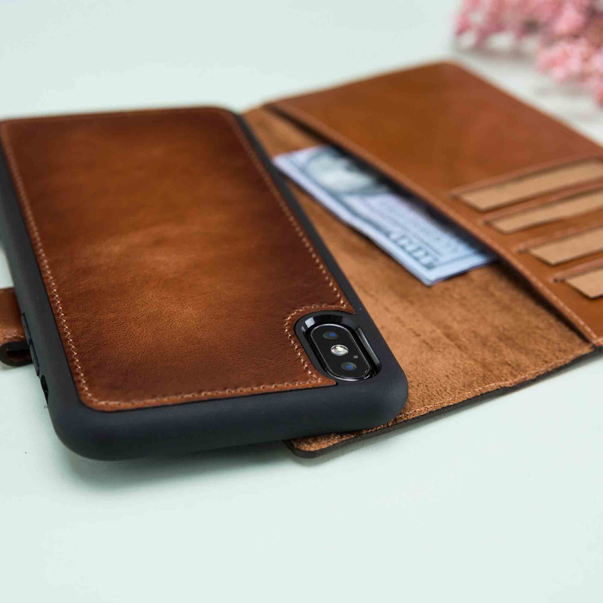 Magic Magnetic Detachable Leather Wallet Case for iPhone XS Max (6.5") - EFFECT BROWN - saracleather