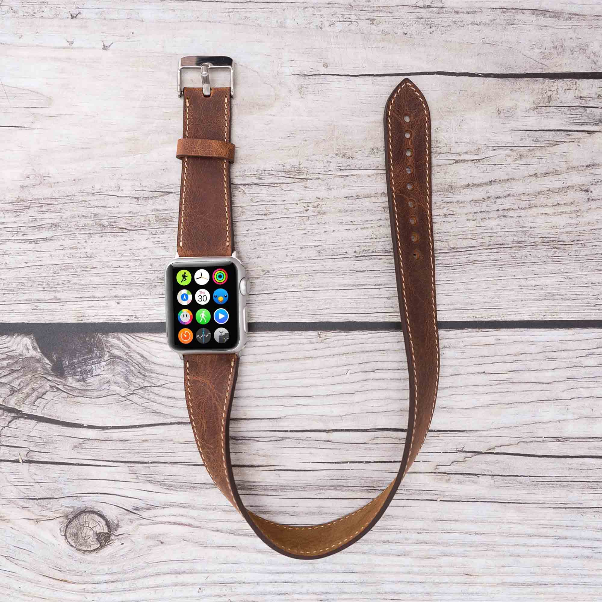 Double Tour Strap: Full Grain Leather Band for Apple Watch - BROWN - saracleather