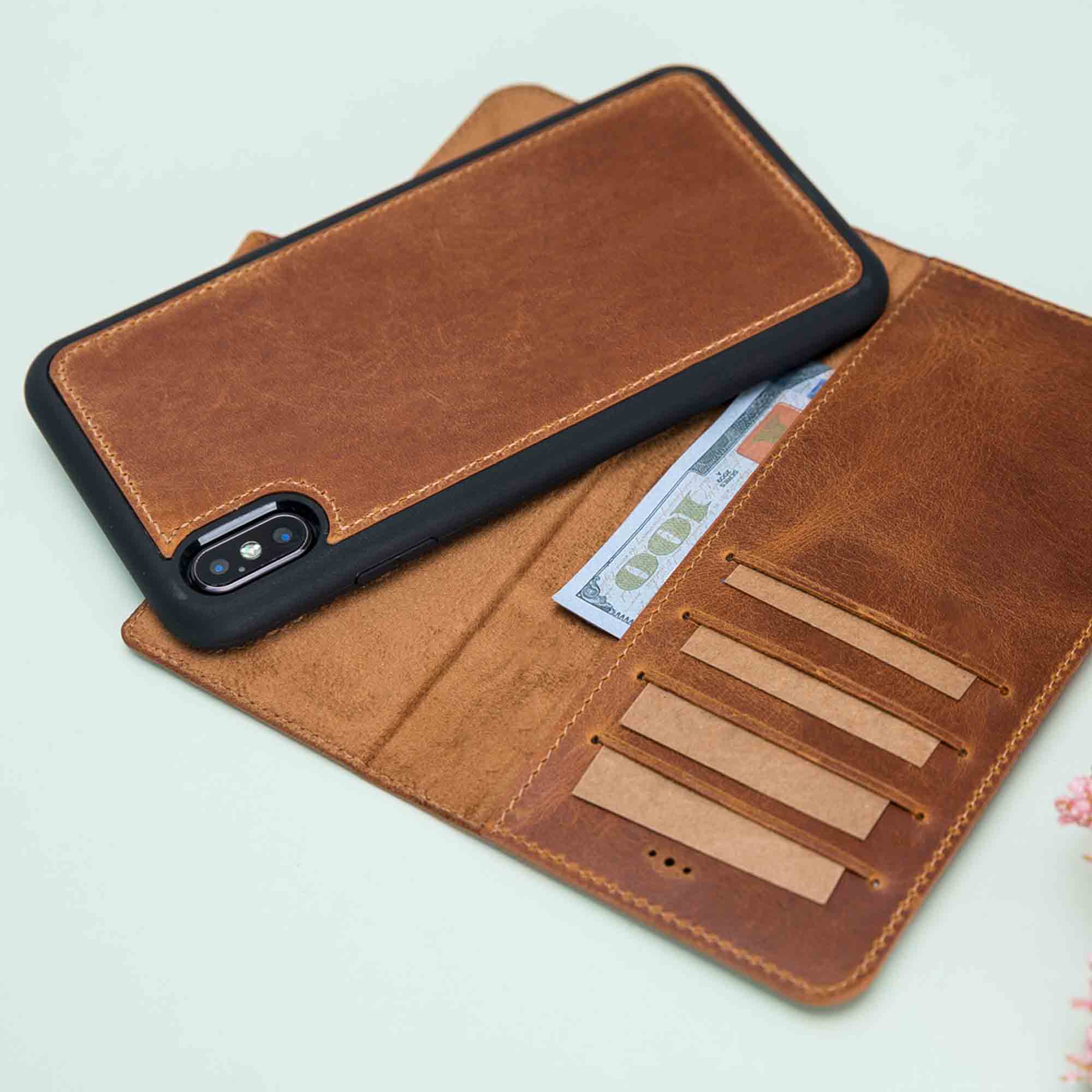 Magic Magnetic Detachable Leather Wallet Case for iPhone XS Max (6.5") - TAN - saracleather