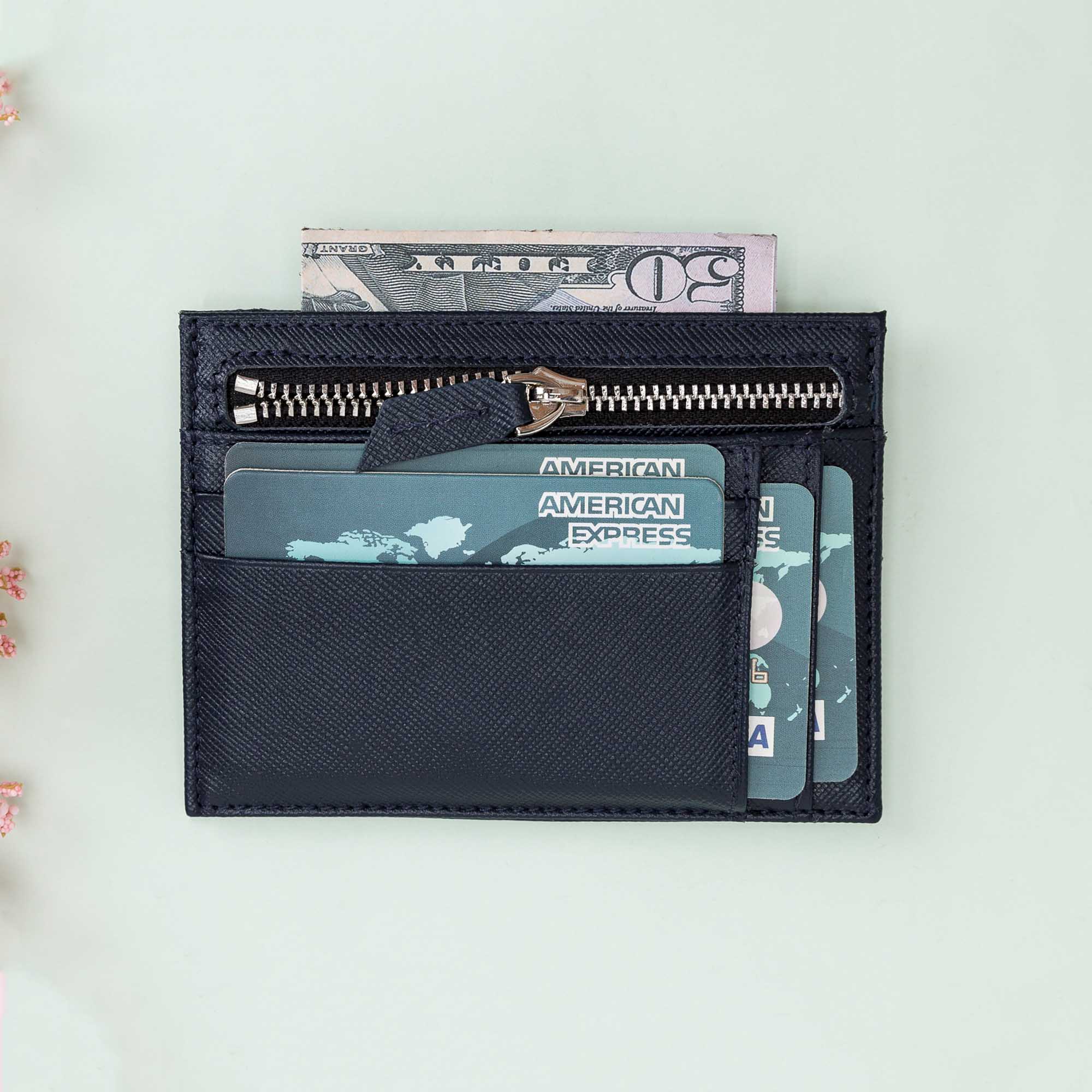 Slim Zipper Leather Wallet - NAVY BLUE - saracleather