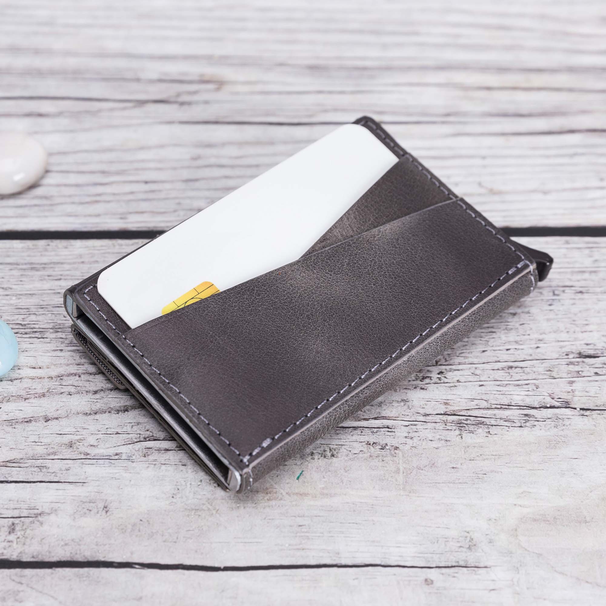 Envelope RFID Blocker Mechanism Pop Up Leather Business / Credit Card Holder - GRAY - saracleather