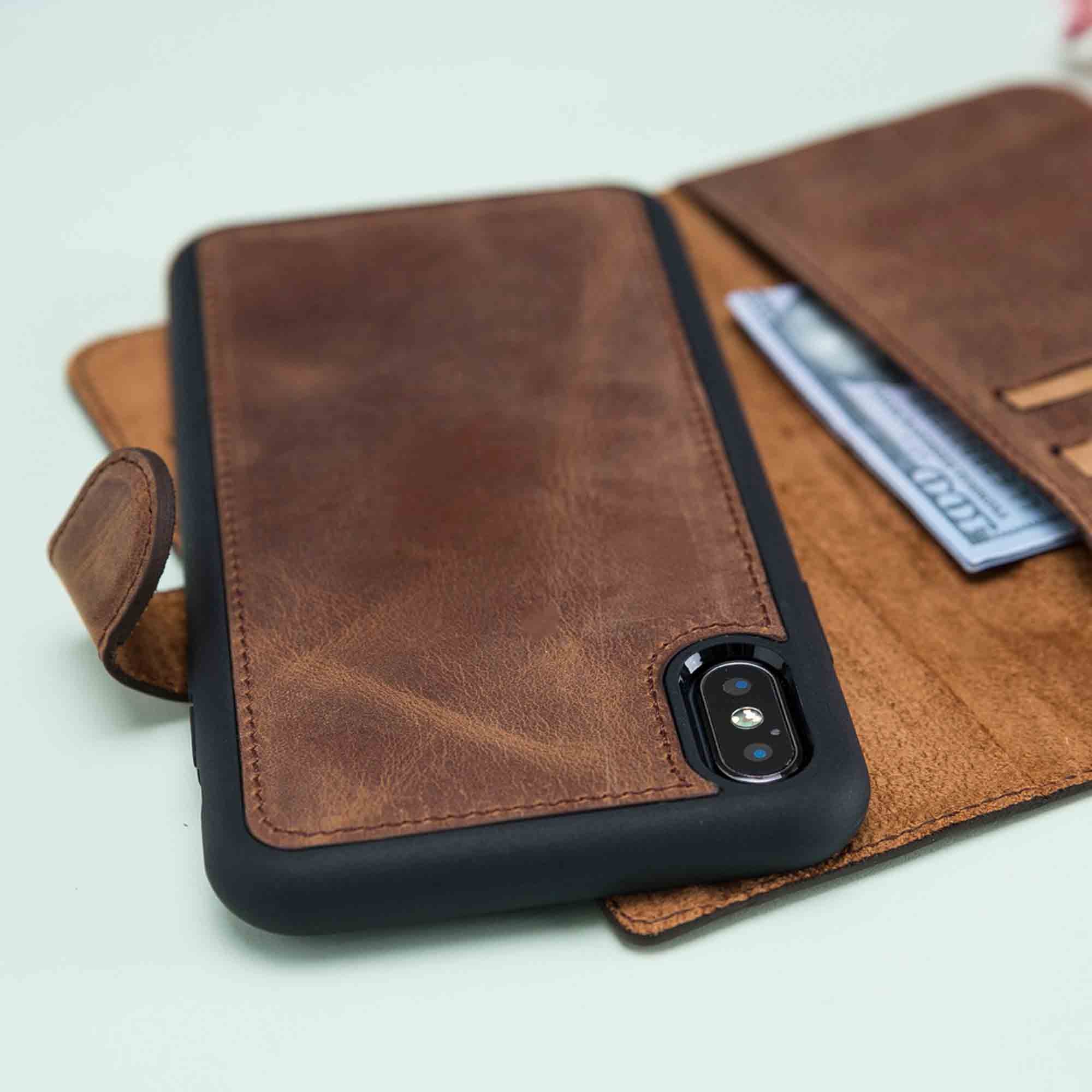 Magic Magnetic Detachable Leather Wallet Case for iPhone XS Max (6.5") - BROWN - saracleather