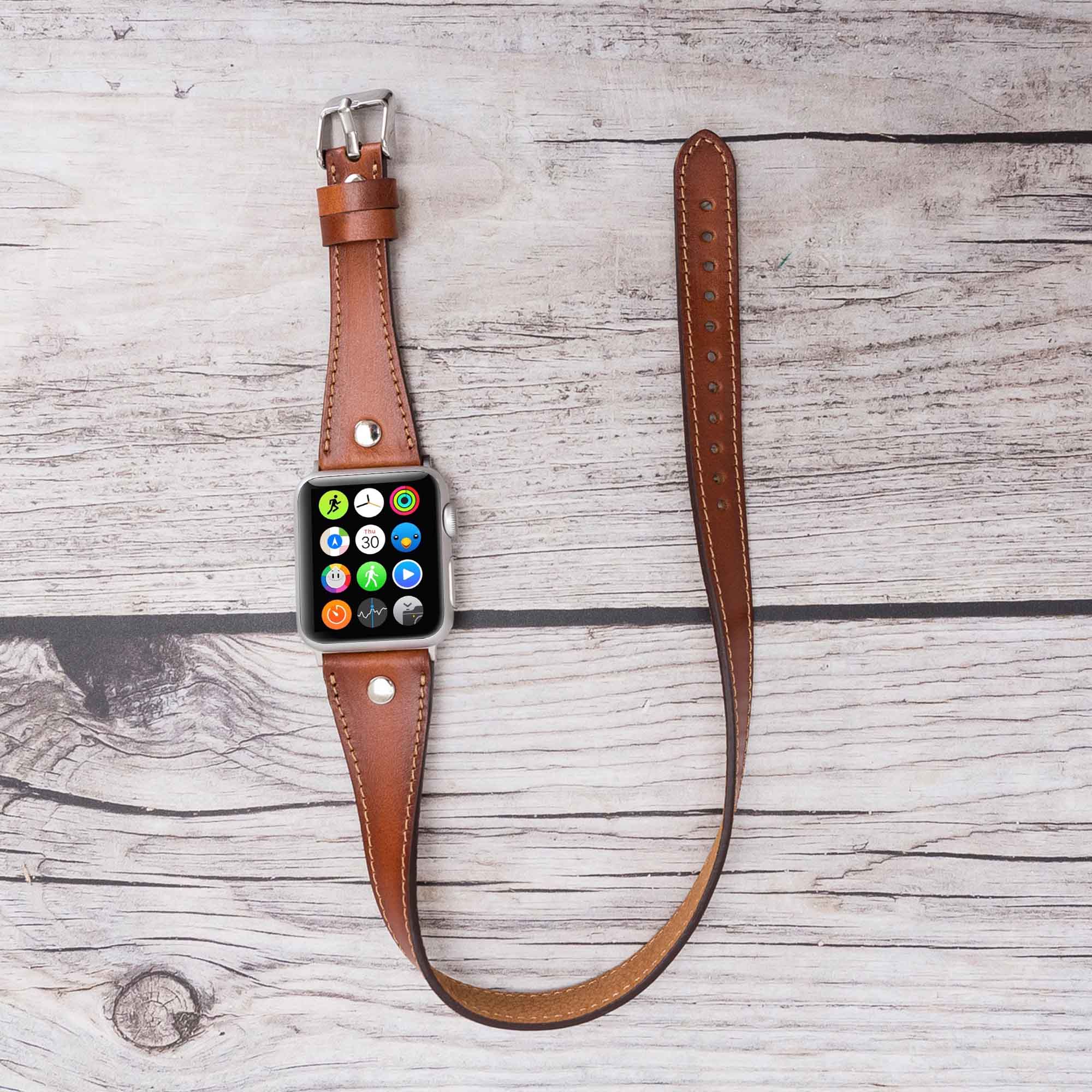 Slim Double Tour Strap: Full Grain Leather Band for Apple Watch 38mm / 40mm - EFFECT BROWN - saracleather