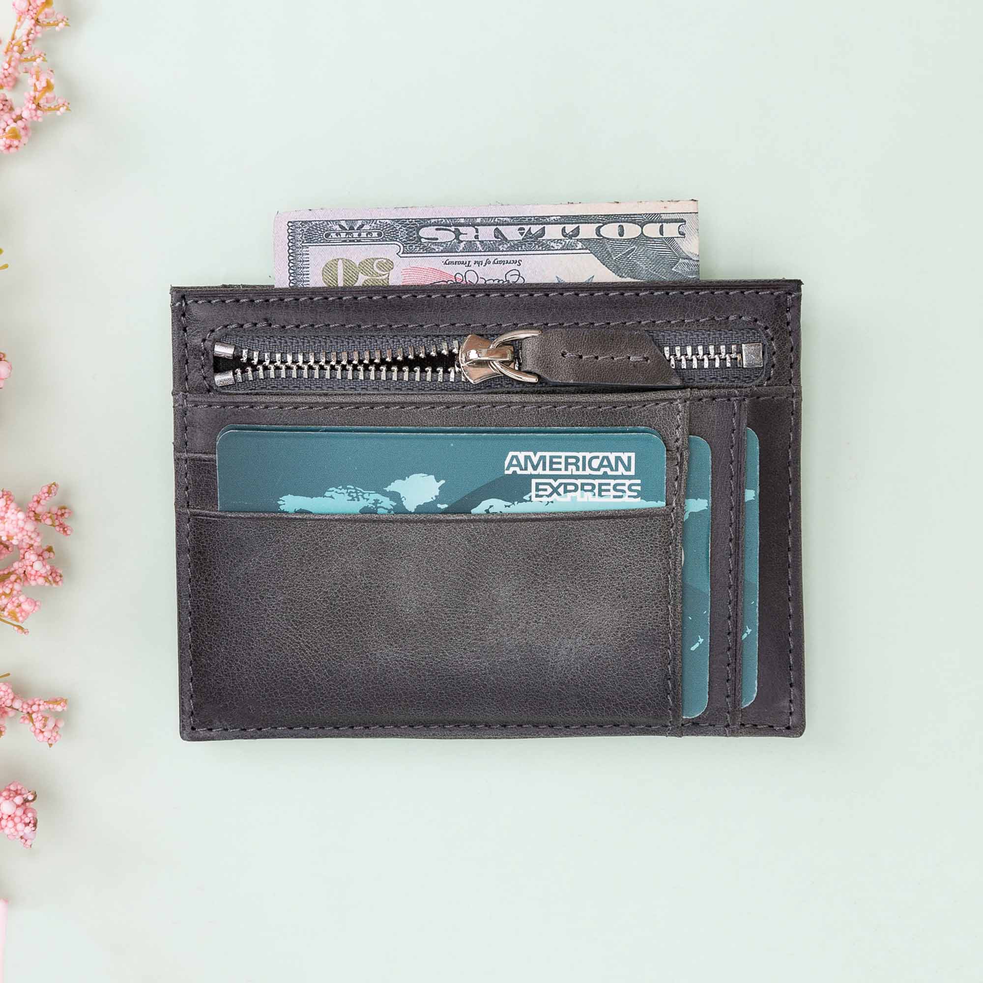 Slim Zipper Leather Wallet - EFFECT GRAY - saracleather