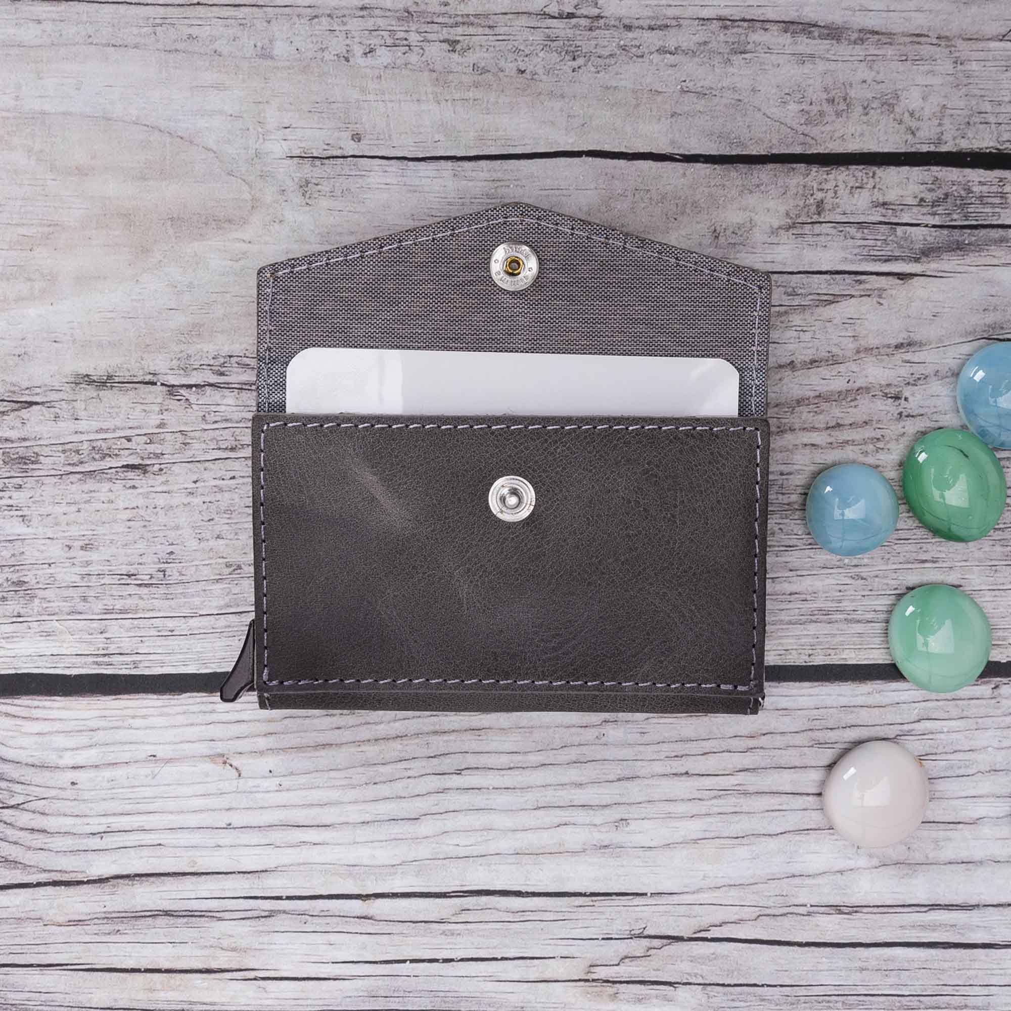 Envelope RFID Blocker Mechanism Pop Up Leather Business / Credit Card Holder - GRAY - saracleather