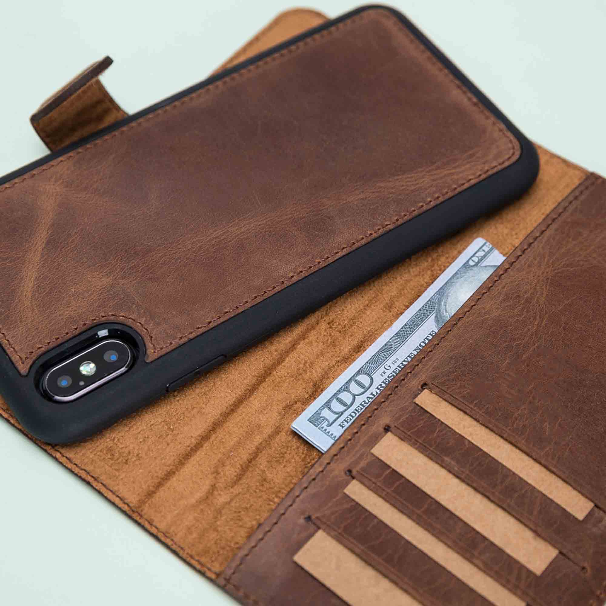 Magic Magnetic Detachable Leather Wallet Case for iPhone XS Max (6.5") - BROWN - saracleather