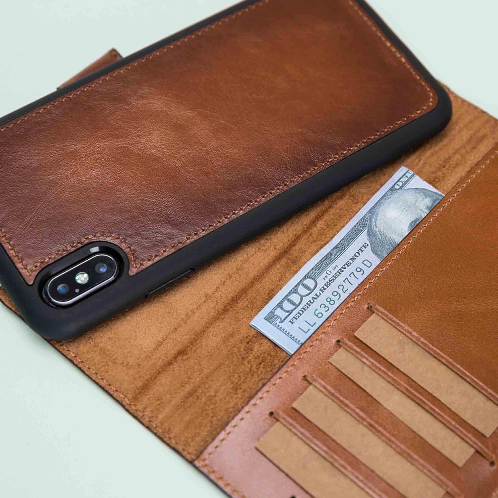 Magic Magnetic Detachable Leather Wallet Case for iPhone XS Max (6.5") - EFFECT BROWN - saracleather