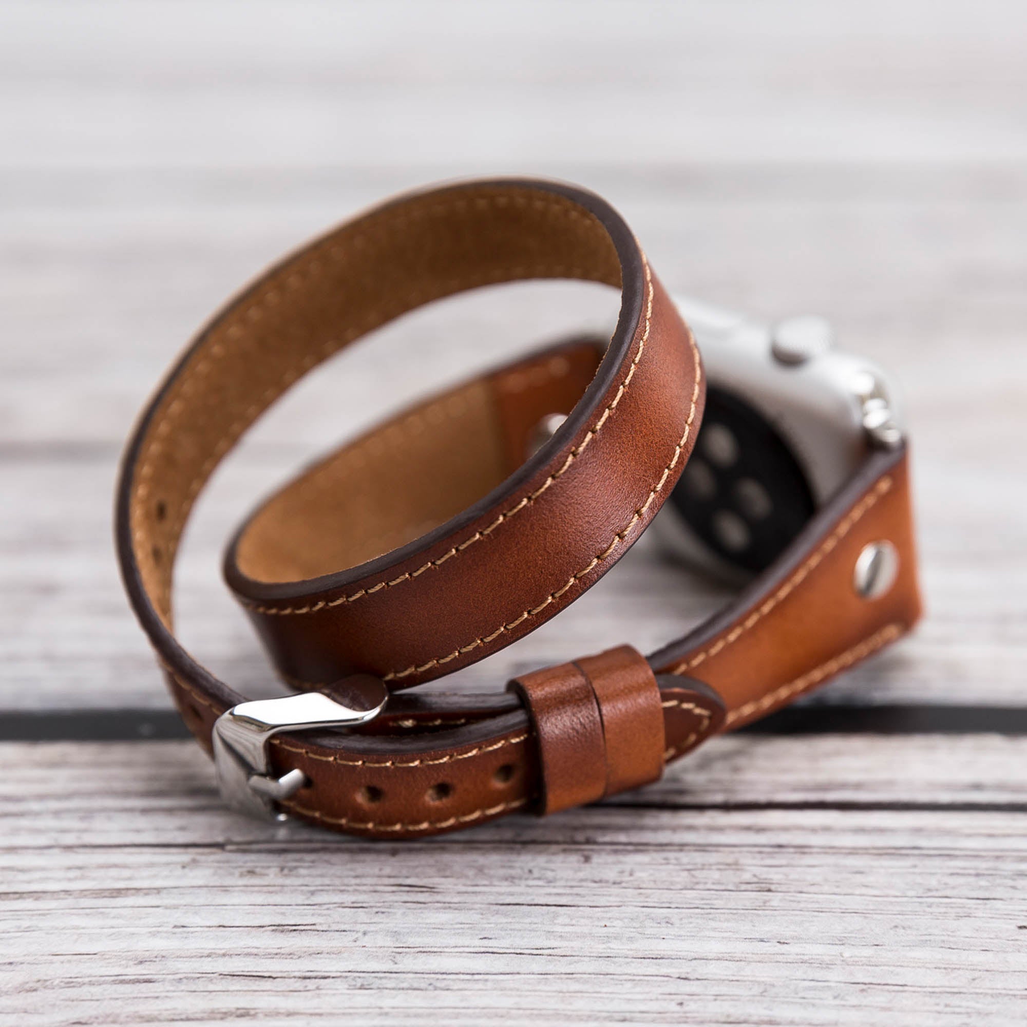 Slim Double Tour Strap: Full Grain Leather Band for Apple Watch 38mm / 40mm - EFFECT BROWN - saracleather