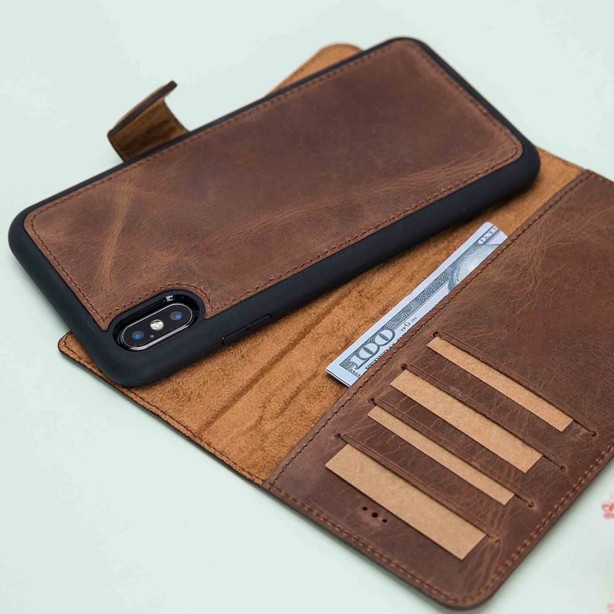 Magic Magnetic Detachable Leather Wallet Case for iPhone XS Max (6.5") - BROWN - saracleather