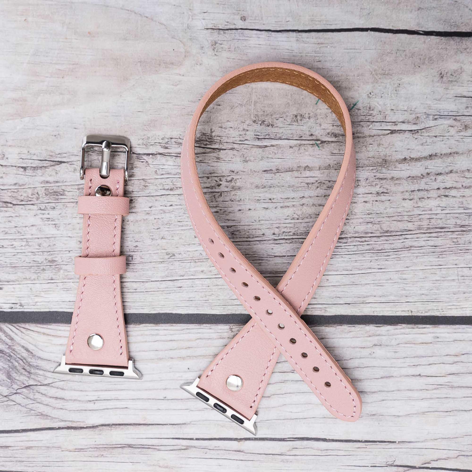 Slim Double Tour Strap: Full Grain Leather Band for Apple Watch 38mm / 40mm - PINK - saracleather