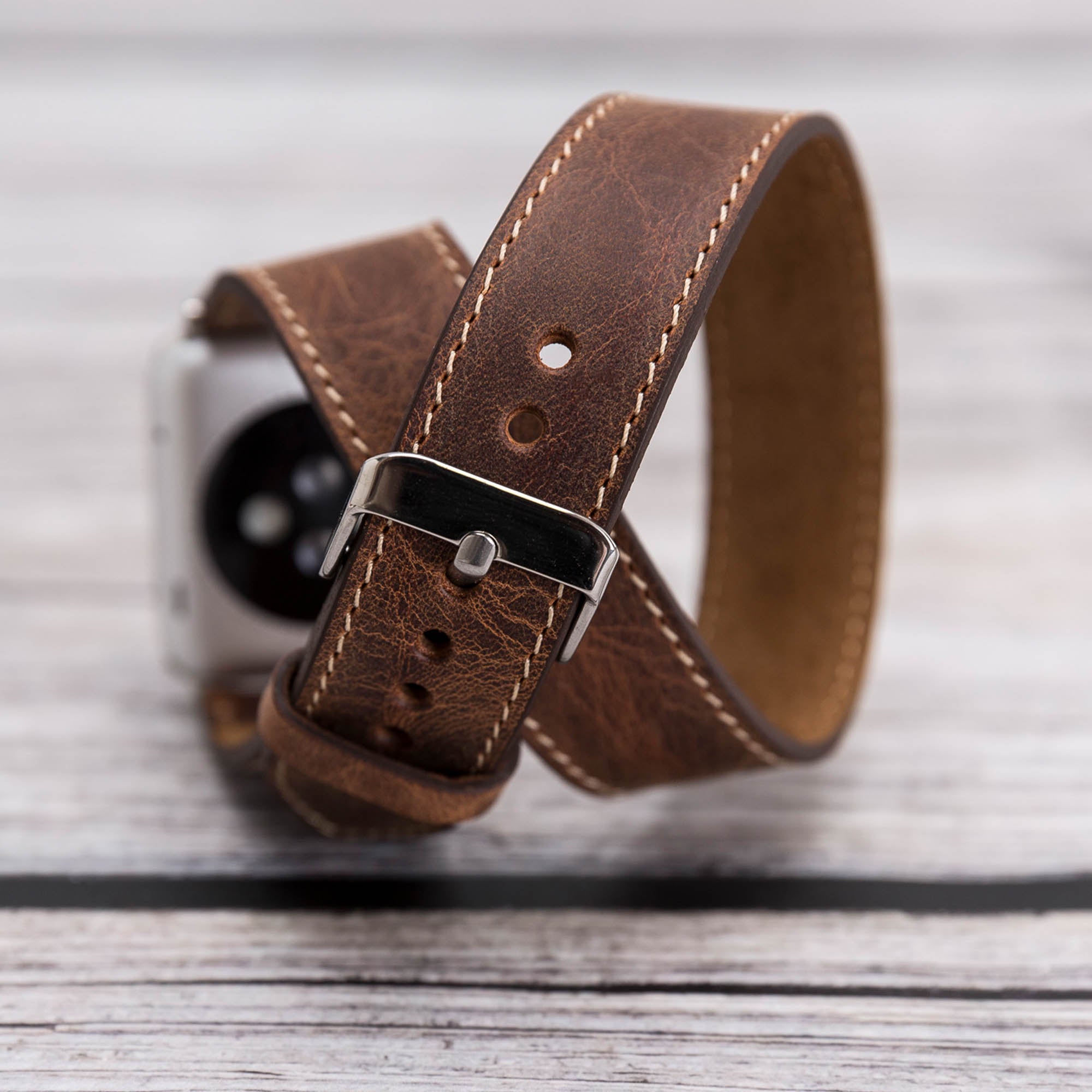 Double Tour Strap: Full Grain Leather Band for Apple Watch - BROWN - saracleather