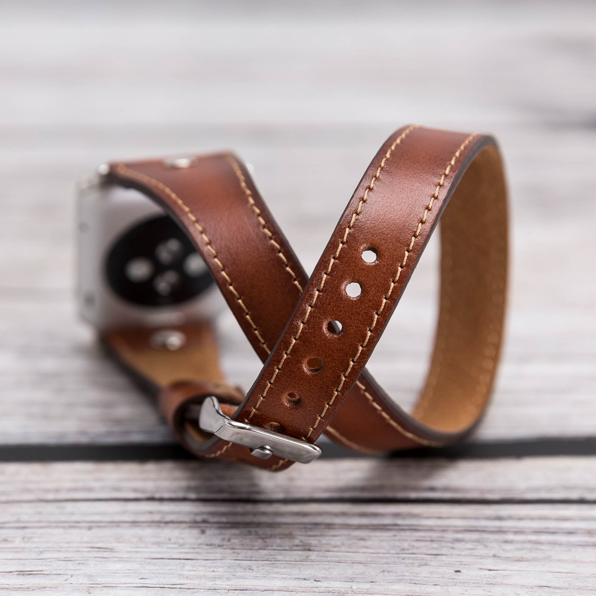 Slim Double Tour Strap: Full Grain Leather Band for Apple Watch 38mm / 40mm - EFFECT BROWN - saracleather