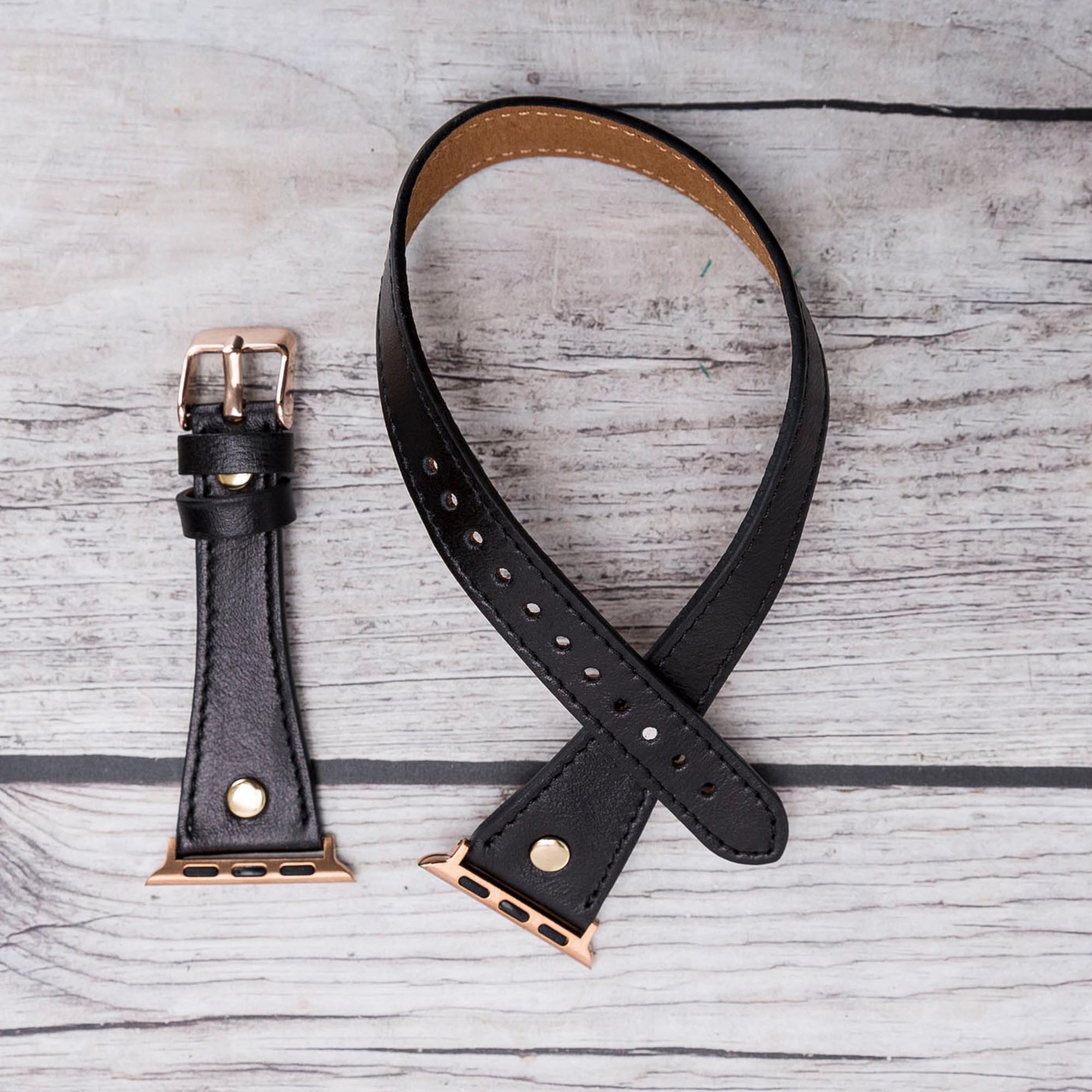 Slim Double Tour Strap: Full Grain Leather Band for Apple Watch 38mm / 40mm - BLACK - saracleather