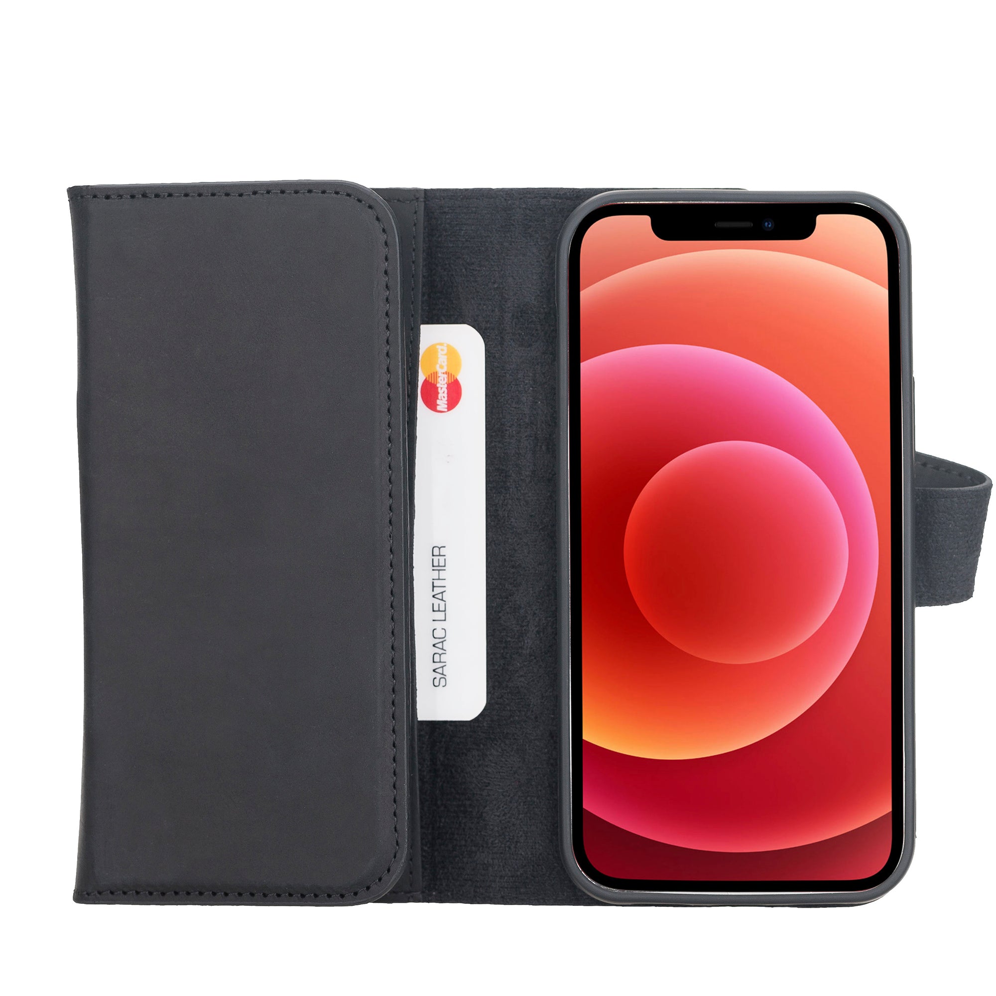 Santa Magnetic Detachable Leather Wallet Case for iPhone 12 Pro Max (6.7") - BLACK - saracleather