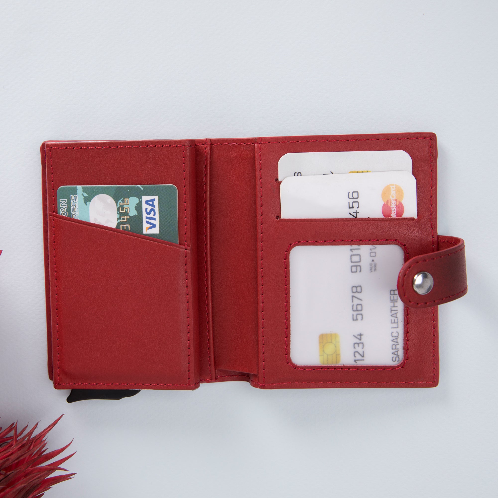 Palermo RFID Blocker Mechanism Pop Up Leather Wallet - RED - saracleather