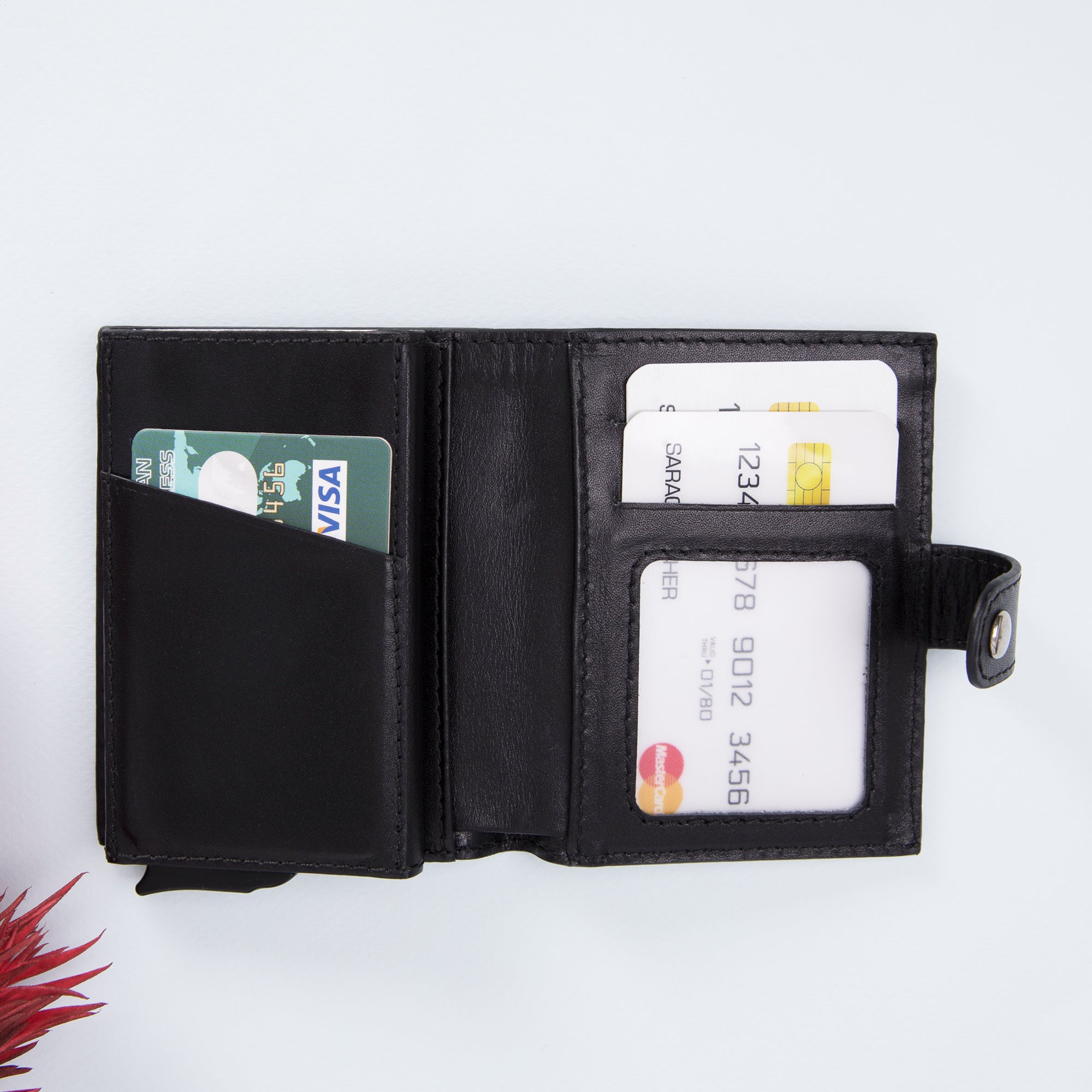 Palermo RFID Blocker Mechanism Pop Up Leather Wallet - BLACK - saracleather