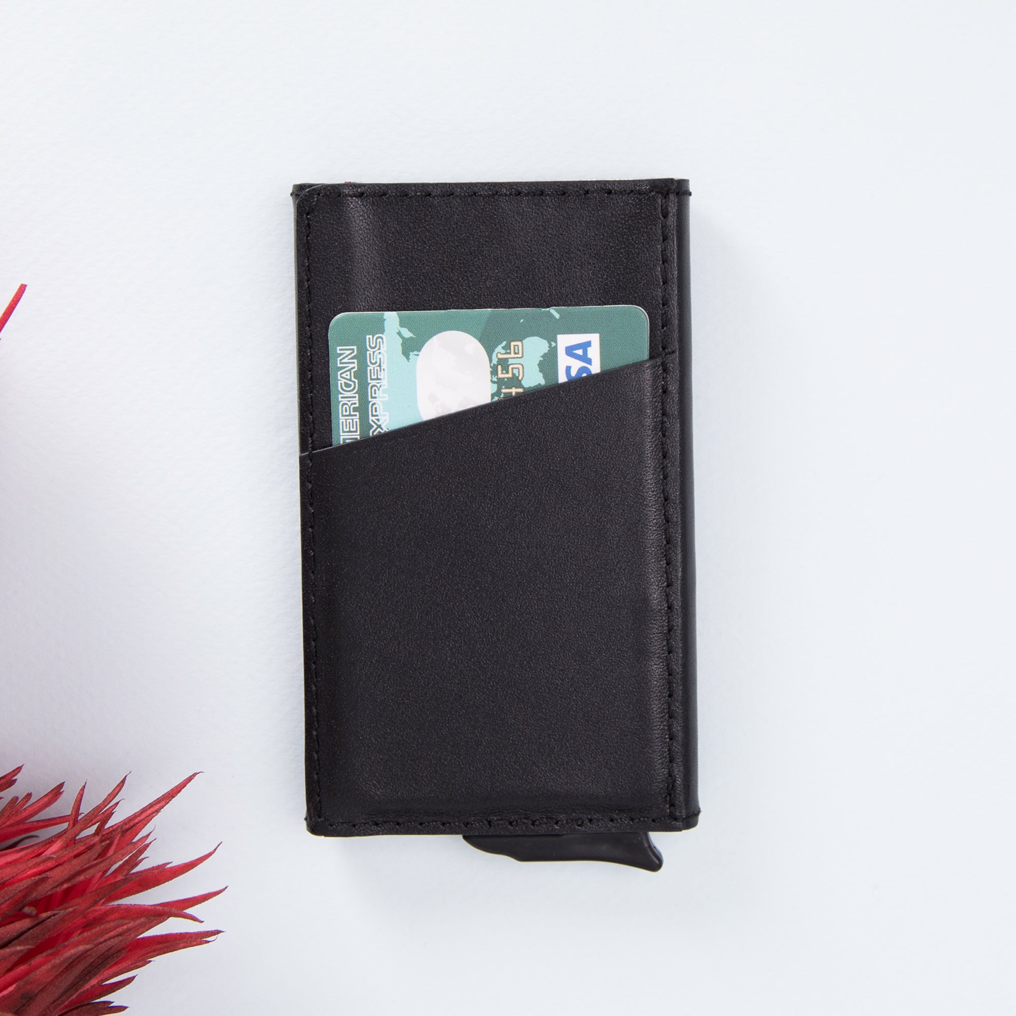 Torres RFID Blocker Mechanism Pop Up Leather Business / Credit Card Holder - BLACK - saracleather