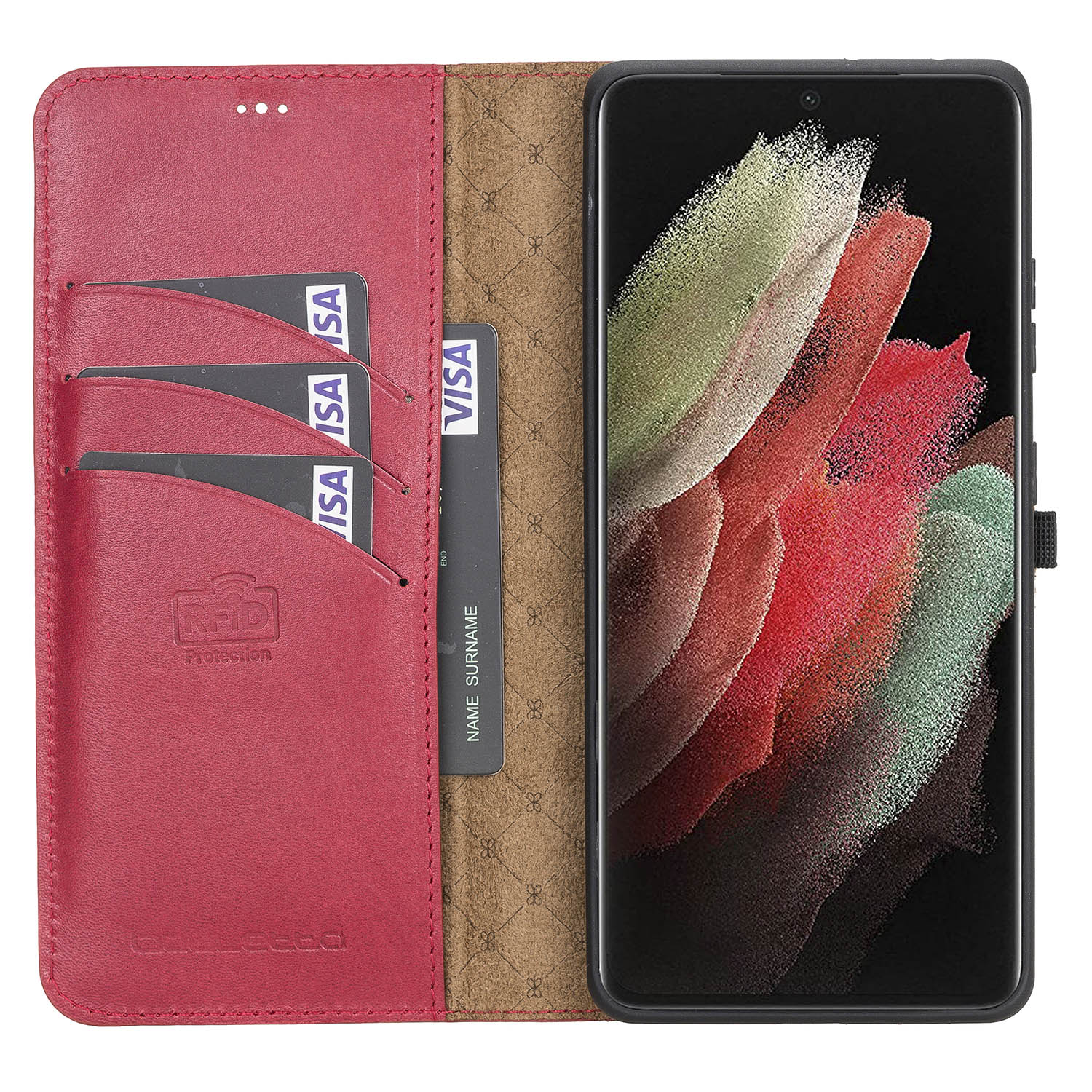 Magic Magnetic Detachable Leather Wallet Case with RFID for Samsung Galaxy S21 Plus 5G (6.7") - RED - saracleather