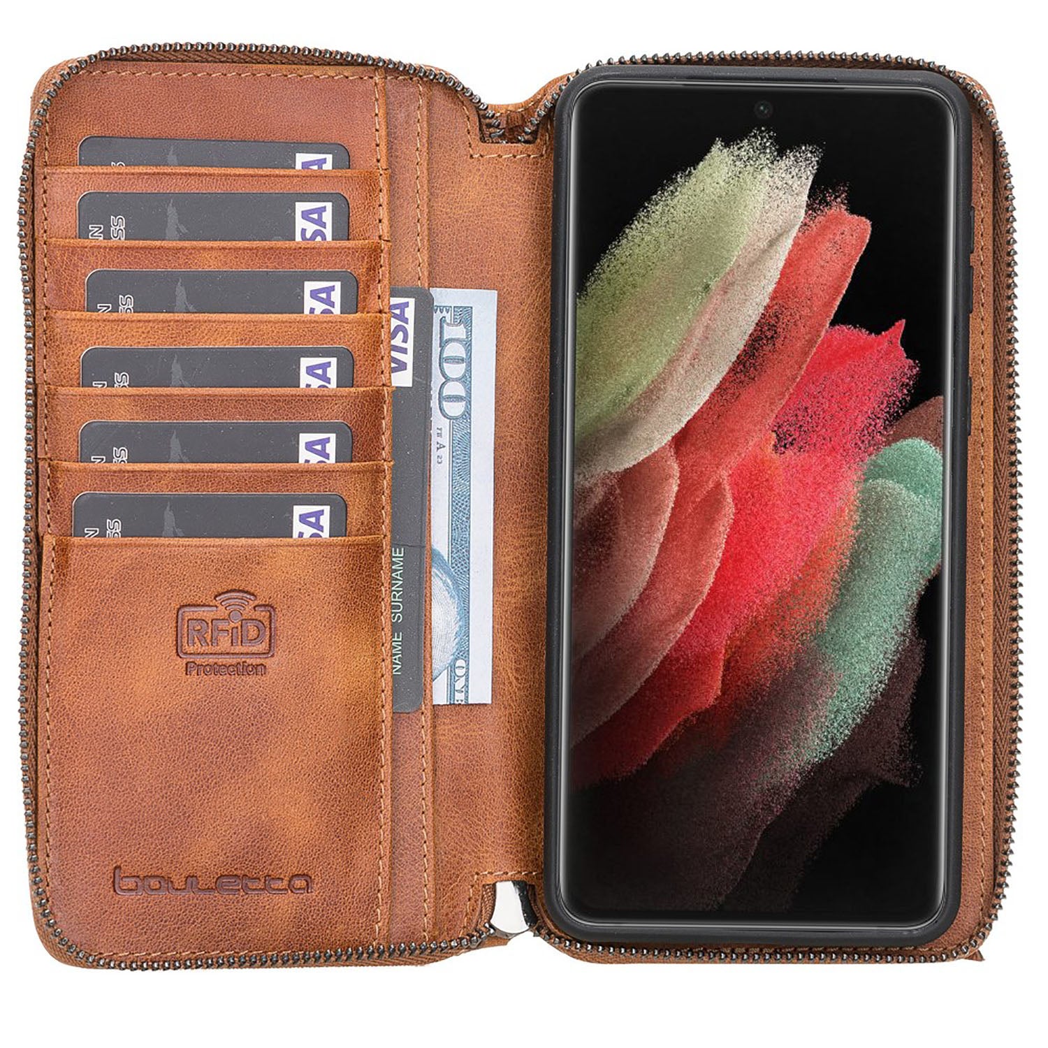 Pouch Magnetic Detachable Leather Wallet Case with RFID for Samsung Galaxy S21 Plus 5G (6.7") - TAN - saracleather