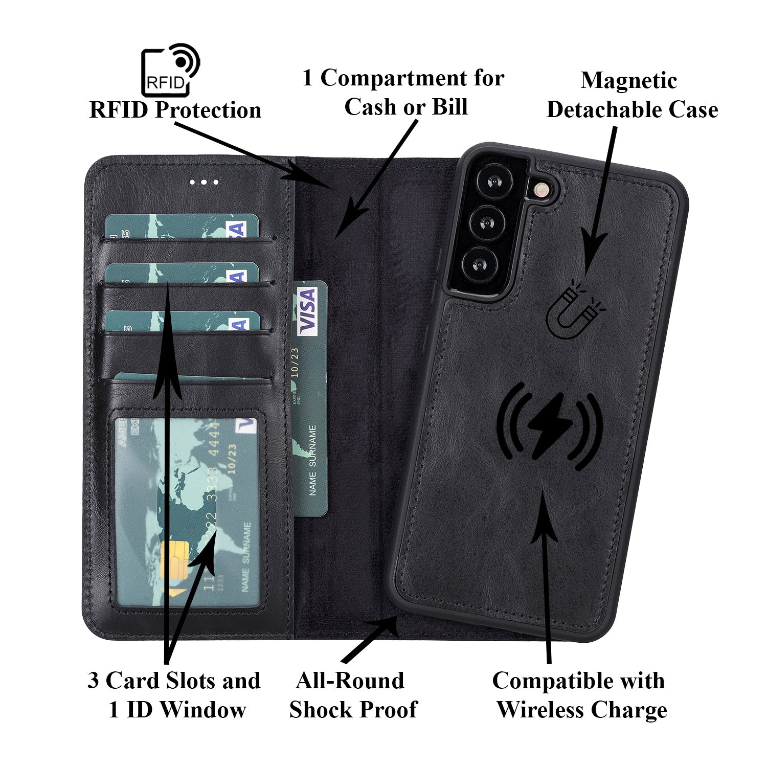 Magic Magnetic Detachable Leather RFID Blocker Wallet Case for Samsung Galaxy S22 Plus (6.6") - BLACK