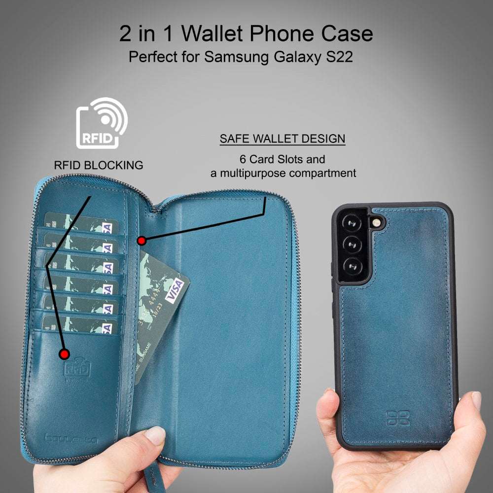 Pouch Magnetic Detachable Leather Wallet Case with RFID for Samsung Galaxy S22 Plus (6.6") - BLUE