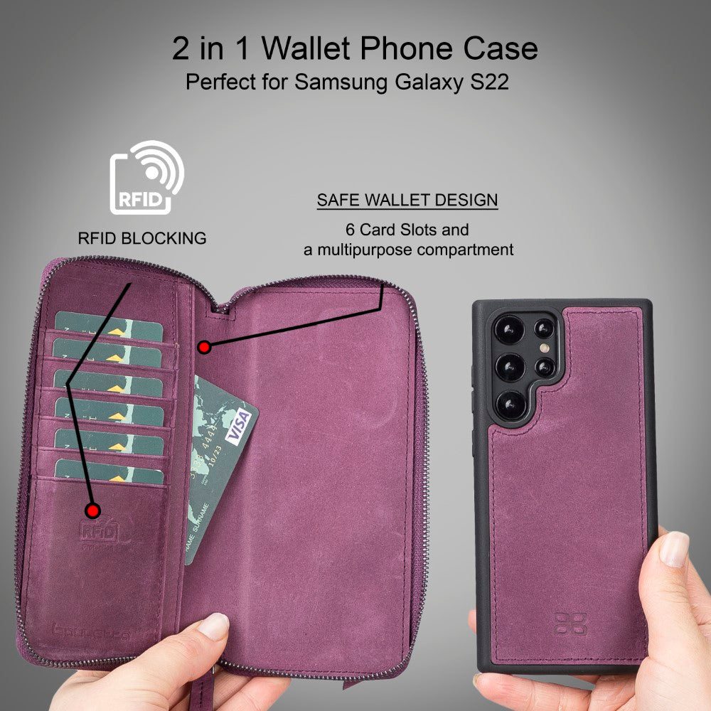 Pouch Magnetic Detachable Leather Wallet Case with RFID for Samsung Galaxy S22 Ultra (6.8") - PURPLE