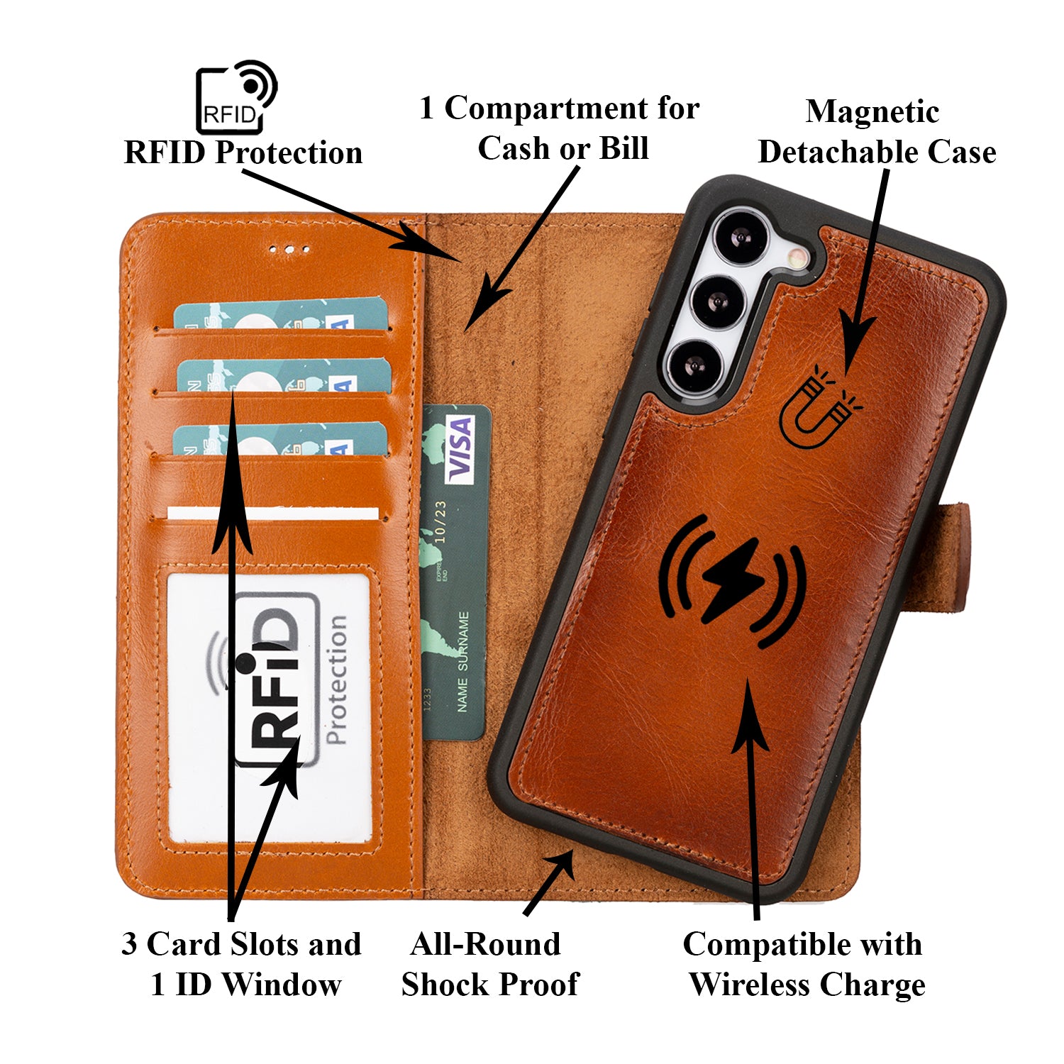 Magic Magnetic Detachable Leather RFID Blocker Wallet Case for Samsung Galaxy S23 Plus (6.6") - EFFECT BROWN