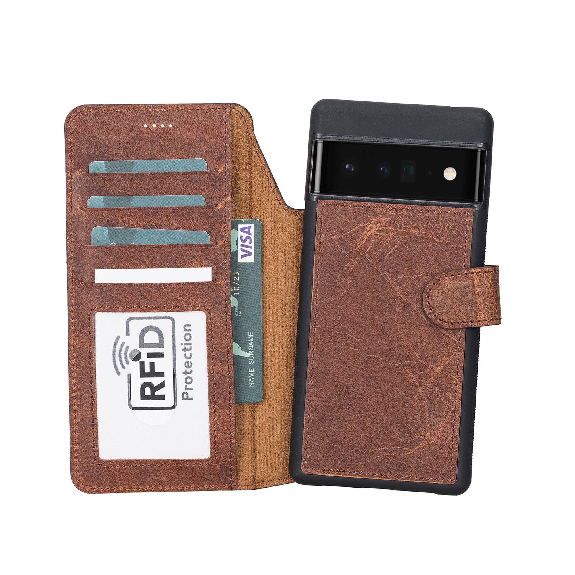 Magic Magnetic Detachable Leather RFID Blocker Wallet Case for Google Pixel 6 Pro (6.7") - BROWN