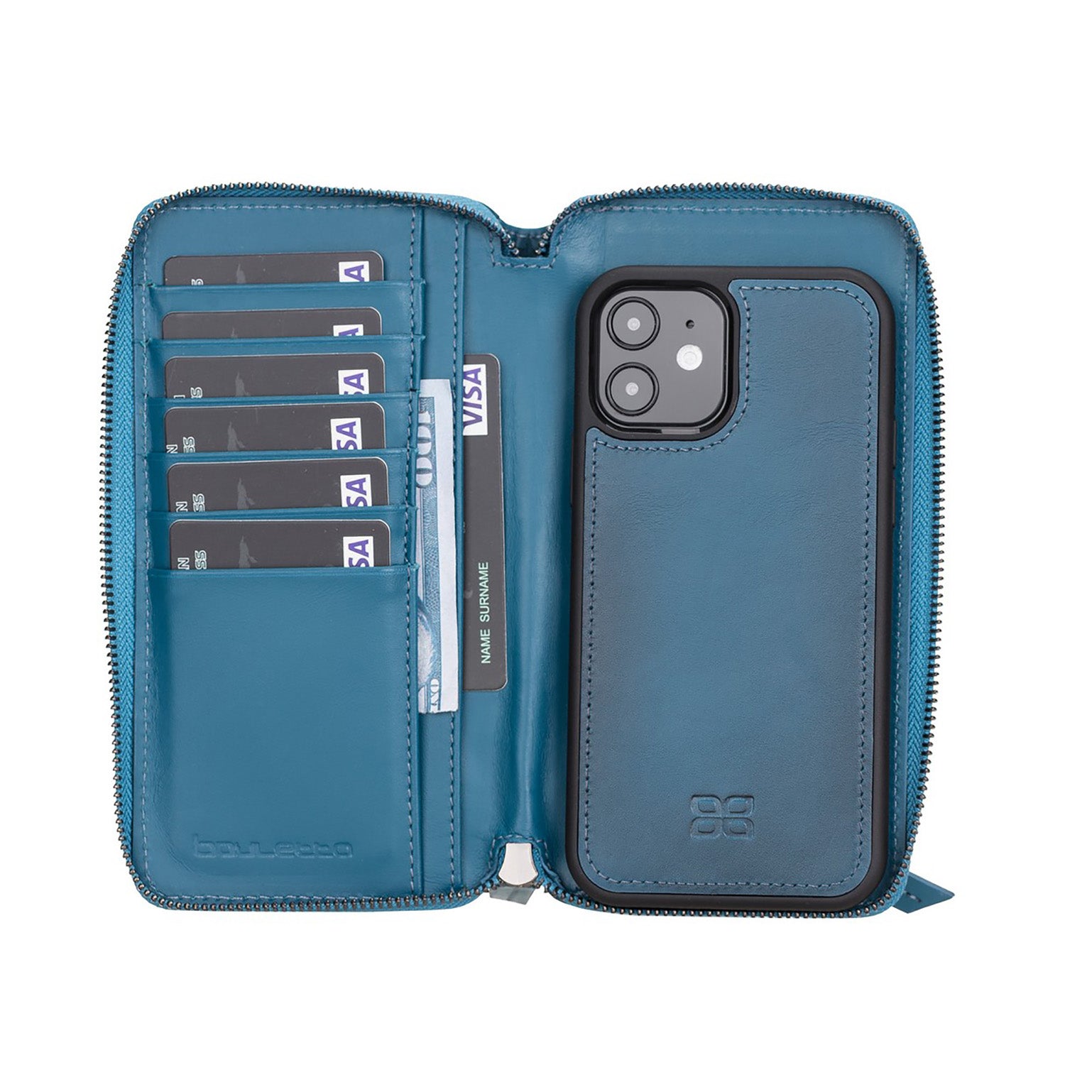 Pouch Magnetic Detachable Leather Wallet Case for iPhone 12 (6.1") - BLUE - saracleather