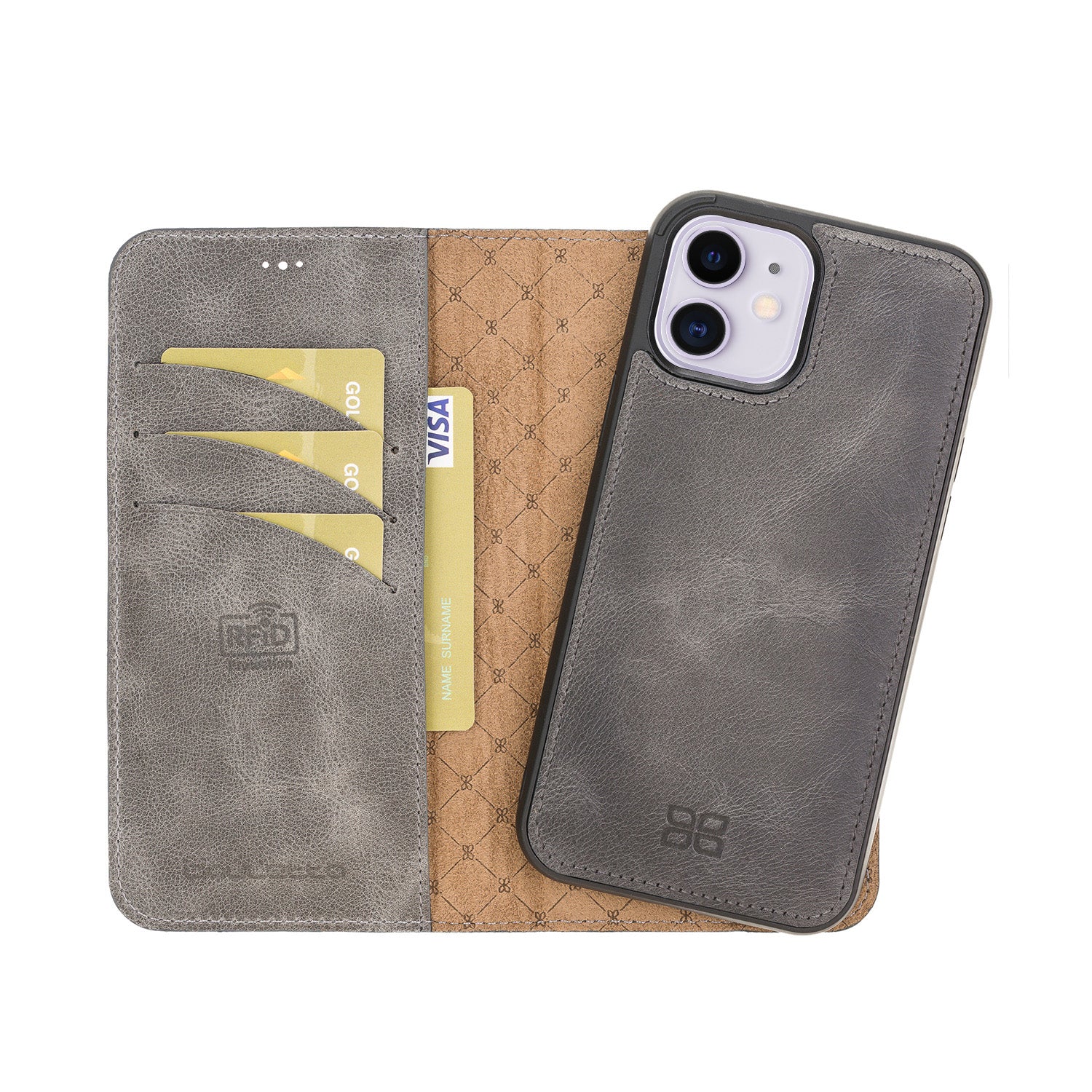 Magic Magnetic Detachable Leather Wallet Case with RFID for iPhone 12 (6.1") - GRAY - saracleather