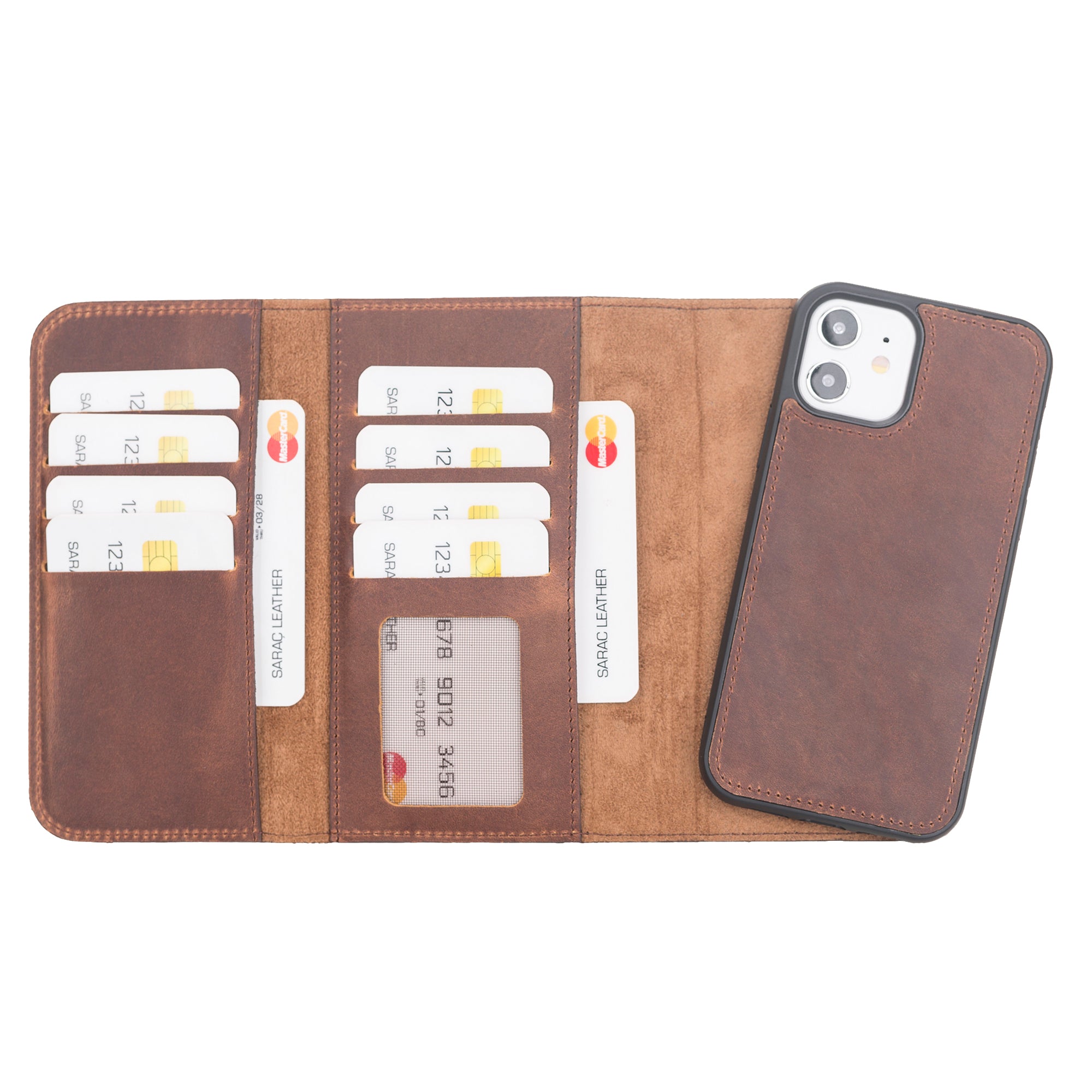 Santa Magnetic Detachable Leather Wallet Case for iPhone 12 (6.1") - BROWN - saracleather