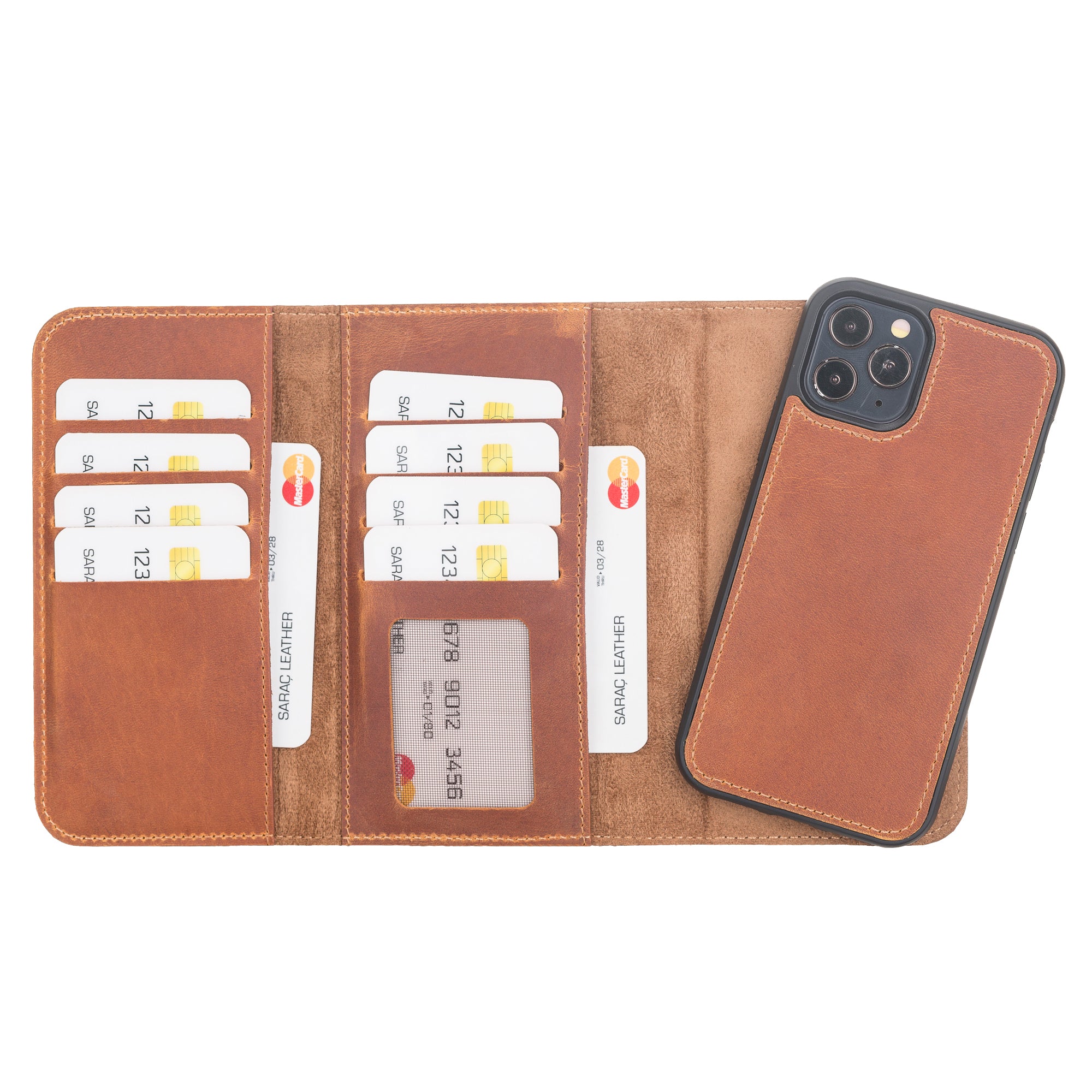 Santa Magnetic Detachable Leather Wallet Case for iPhone 12 Pro Max (6.7") - TAN - saracleather