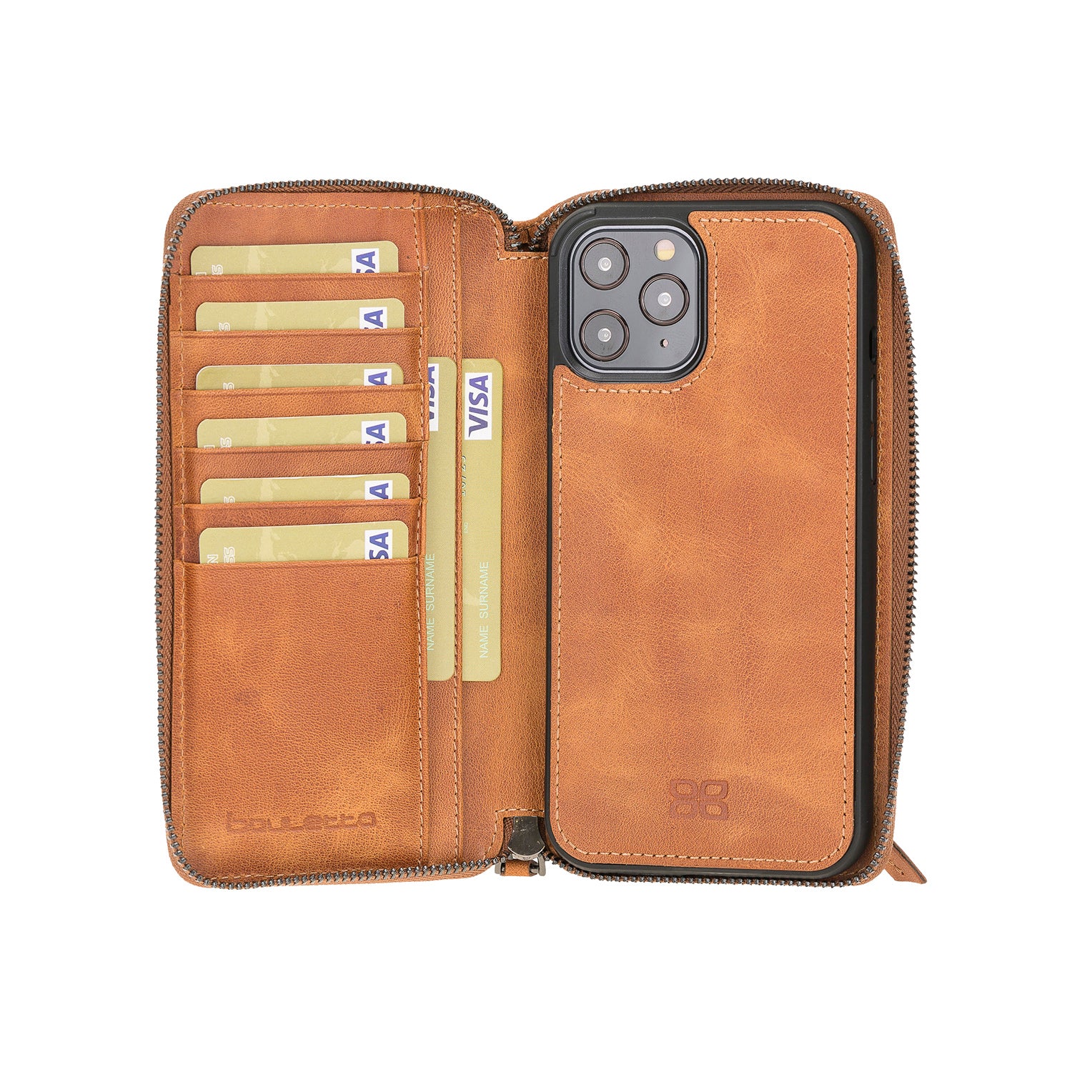 Pouch Magnetic Detachable Leather Wallet Case for iPhone 12 Pro Max (6.7") - TAN - saracleather