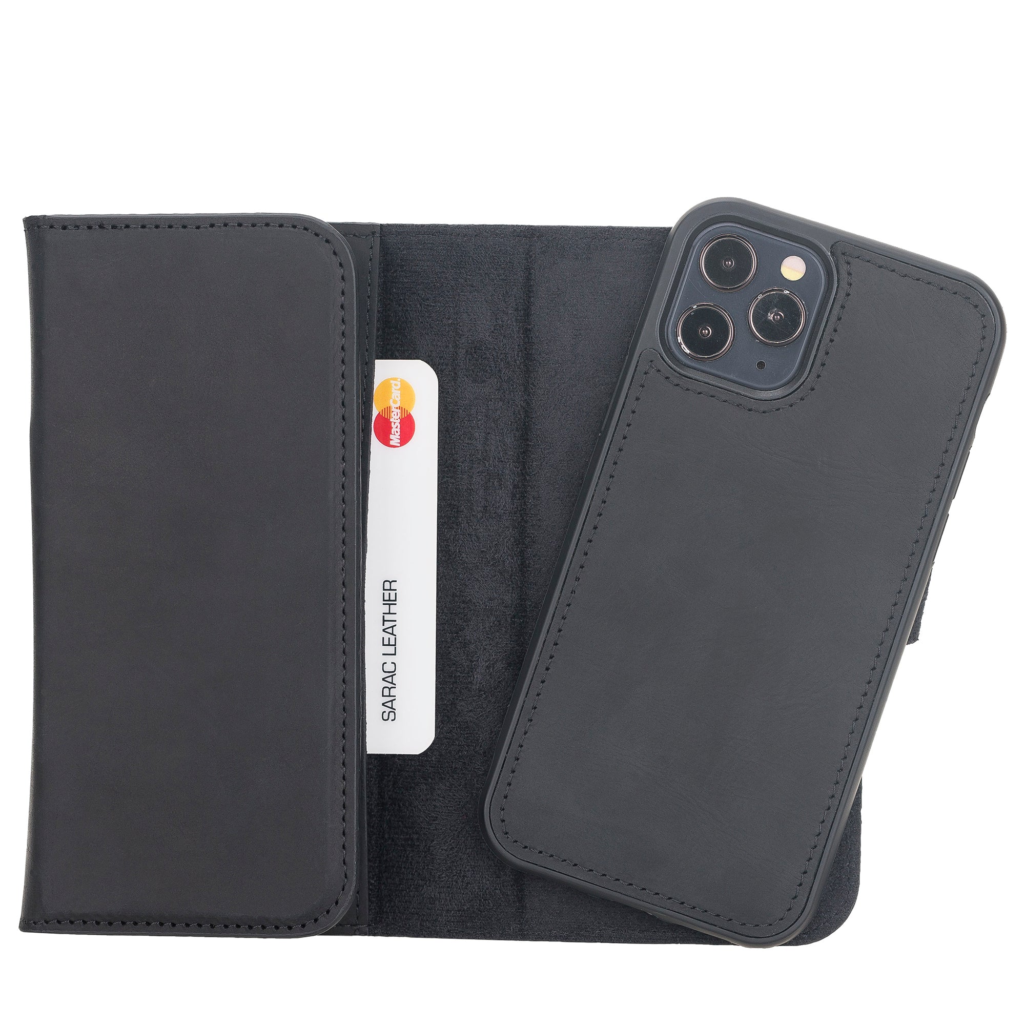 Santa Magnetic Detachable Leather Wallet Case for iPhone 12 Pro Max (6.7") - BLACK - saracleather