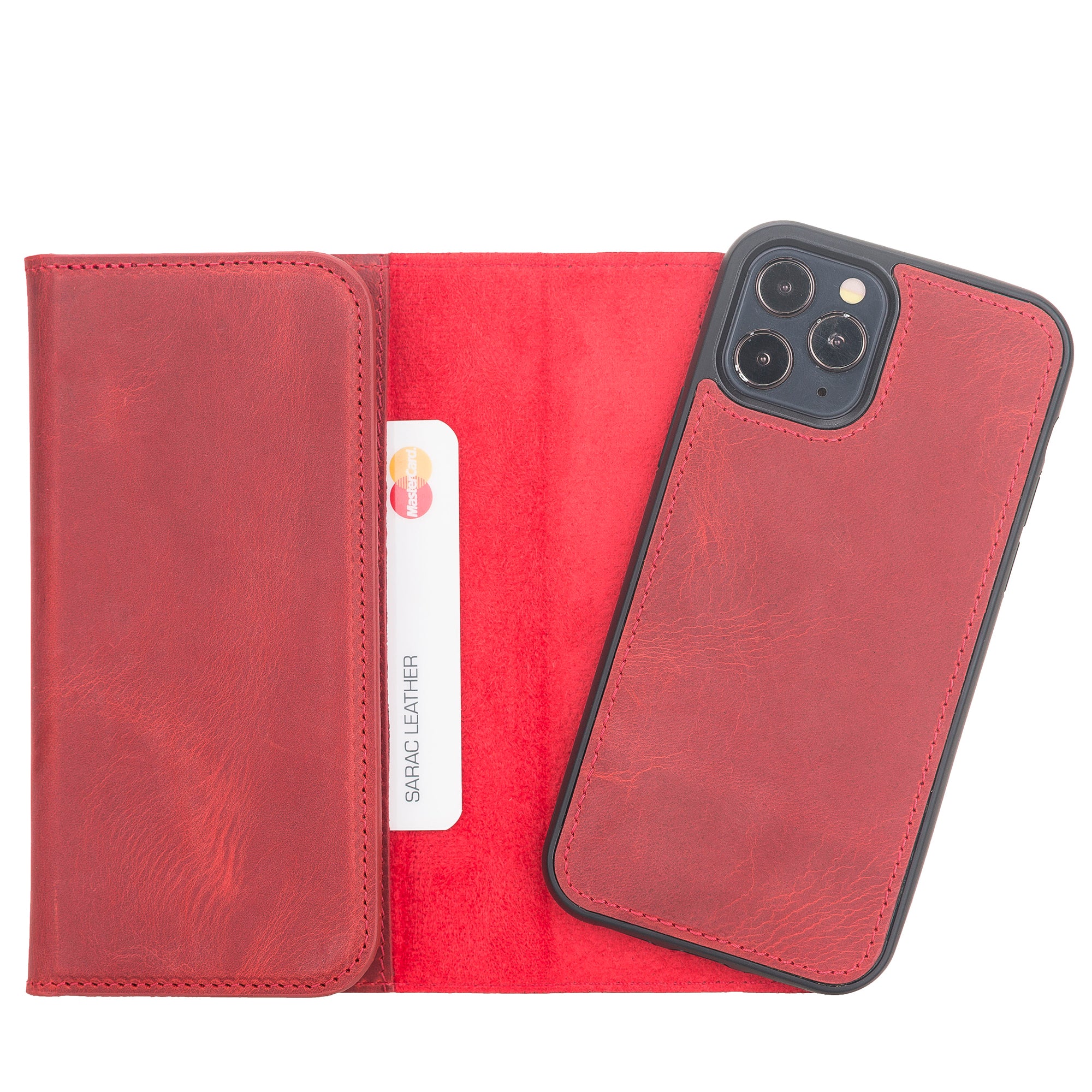 Santa Magnetic Detachable Leather Wallet Case for iPhone 12 Pro Max (6.7") - RED - saracleather