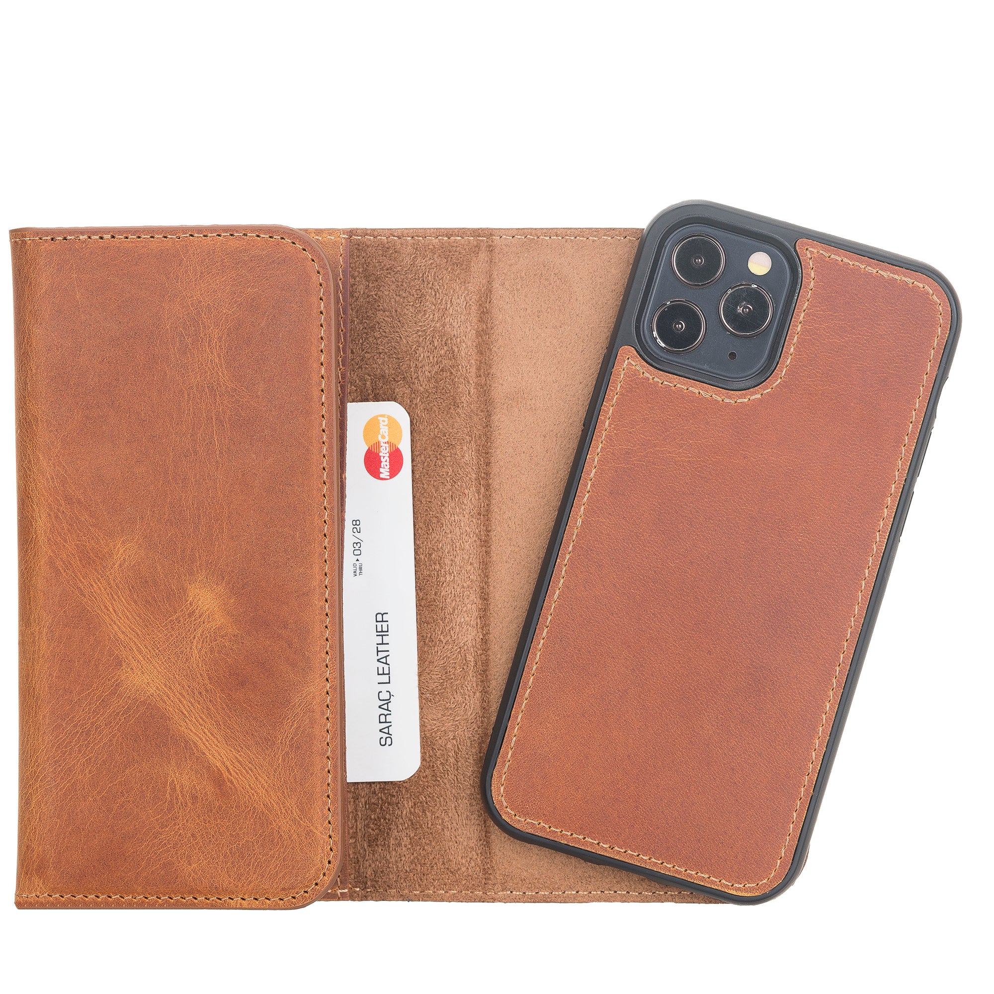 Santa Magnetic Detachable Leather Wallet Case for iPhone 12 Pro Max (6.7") - TAN - saracleather