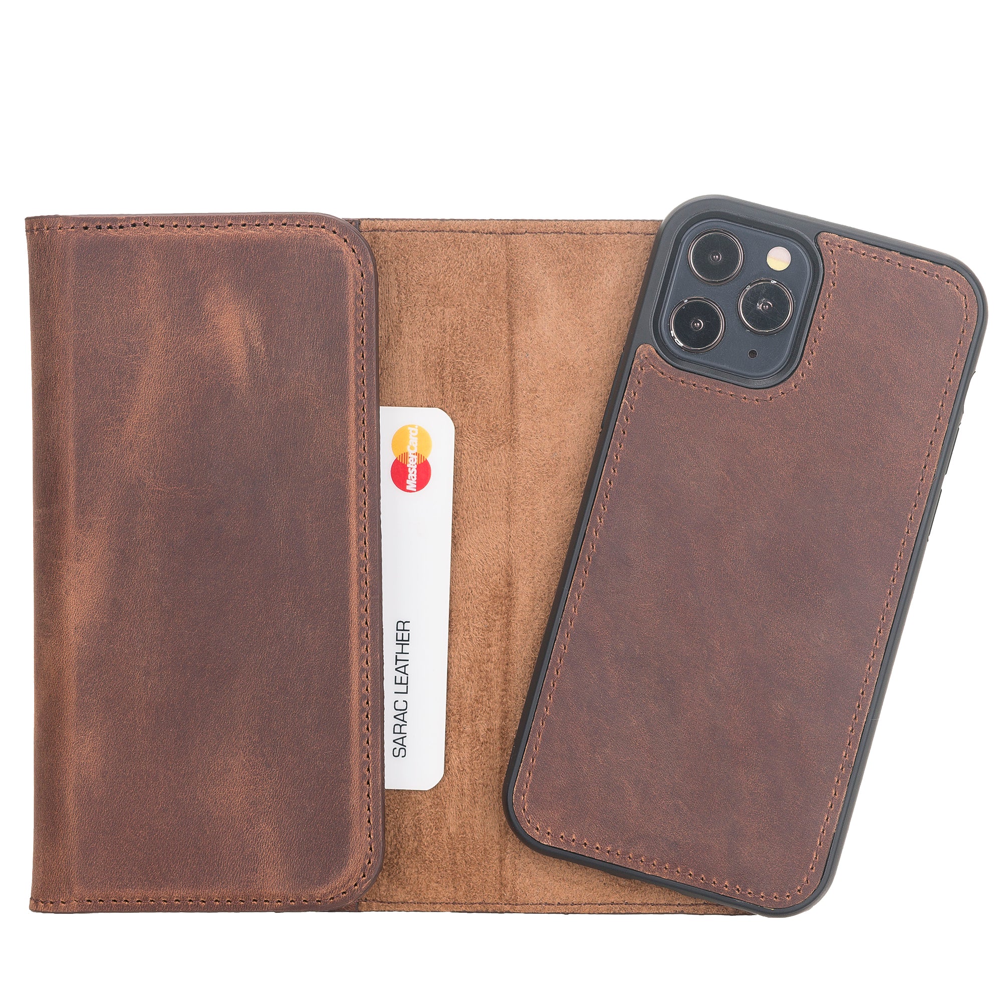 Santa Magnetic Detachable Leather Wallet Case for iPhone 12 Pro Max (6.7") - BROWN - saracleather