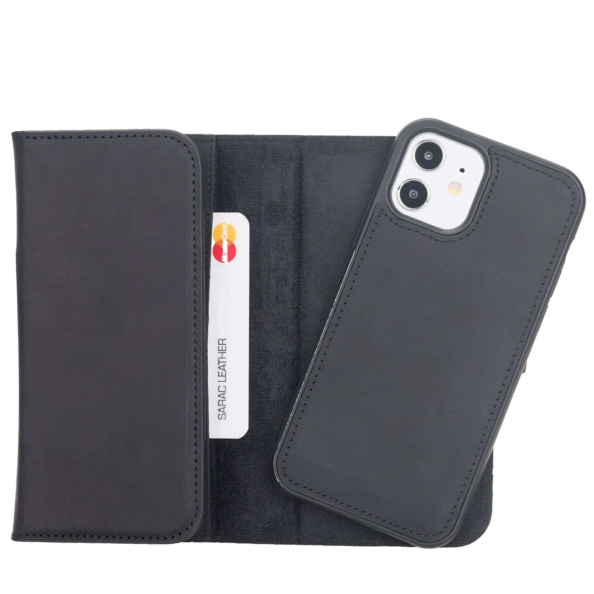 Santa Magnetic Detachable Leather Wallet Case for iPhone 12 (6.1") - BLACK - saracleather