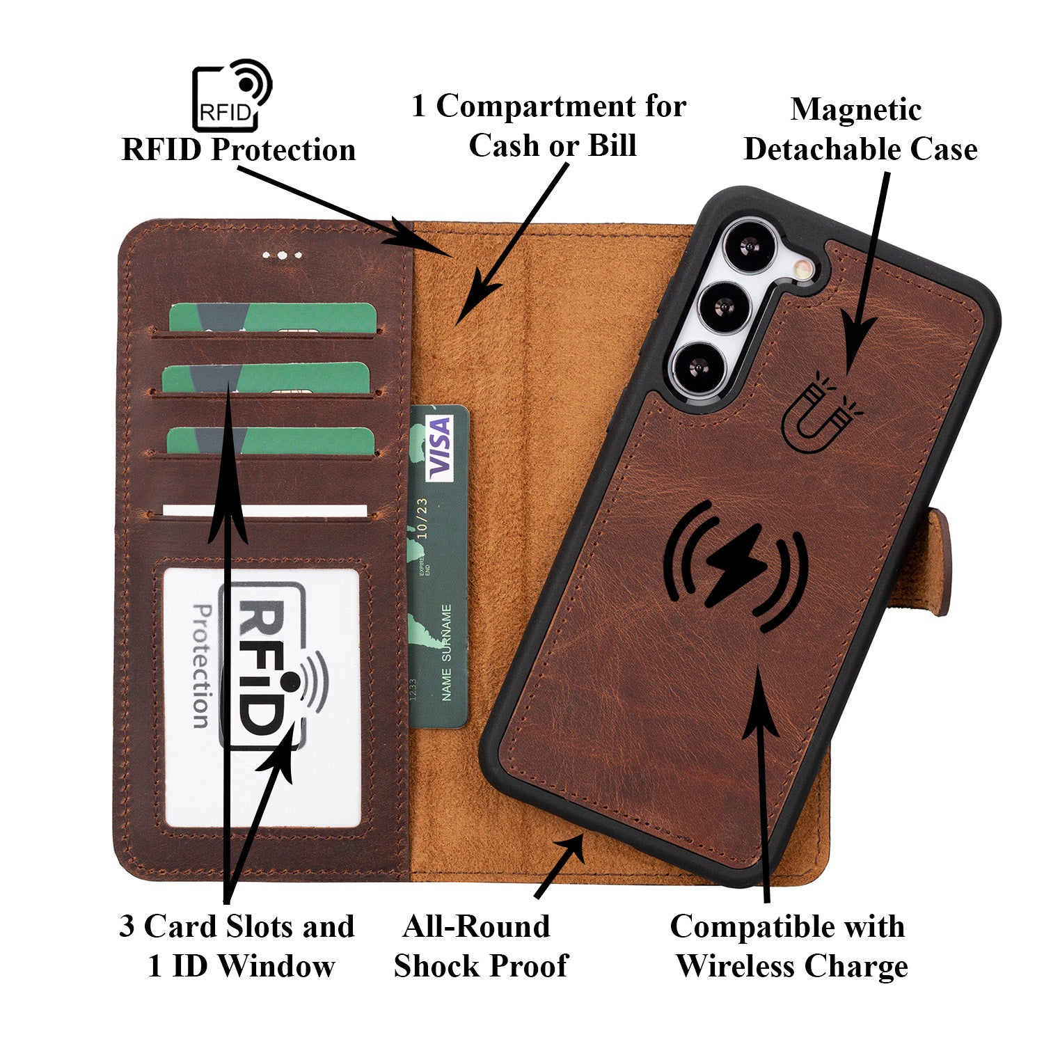 Magic Magnetic Detachable Leather RFID Blocker Wallet Case for Samsung Galaxy S23 (6.1") - BROWN