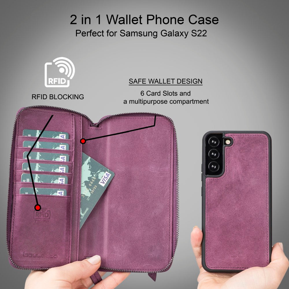 Pouch Magnetic Detachable Leather Wallet Case with RFID for Samsung Galaxy S22 Plus (6.6") - PURPLE