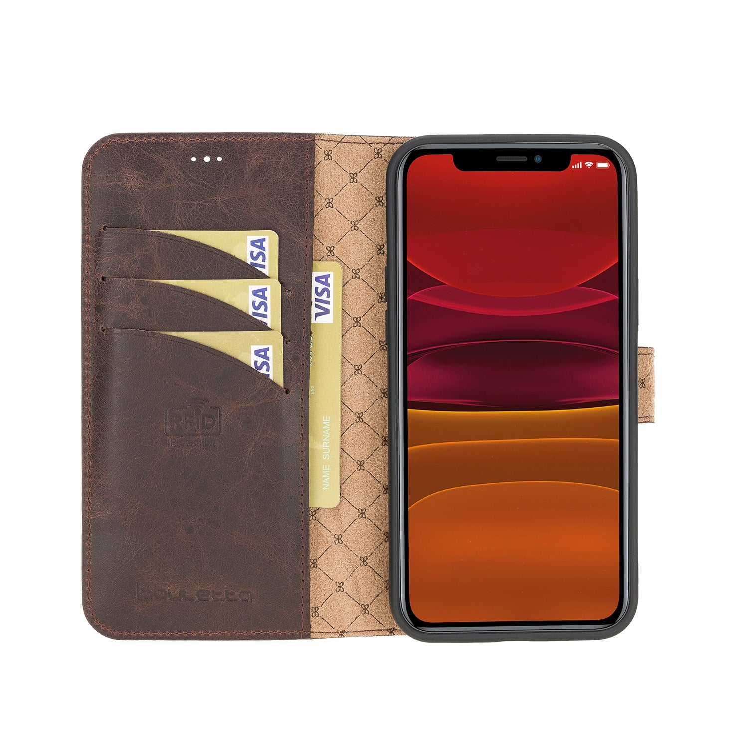 Wallet Folio Leather Case with RFID for iPhone 12 (6.1") - BROWN - saracleather