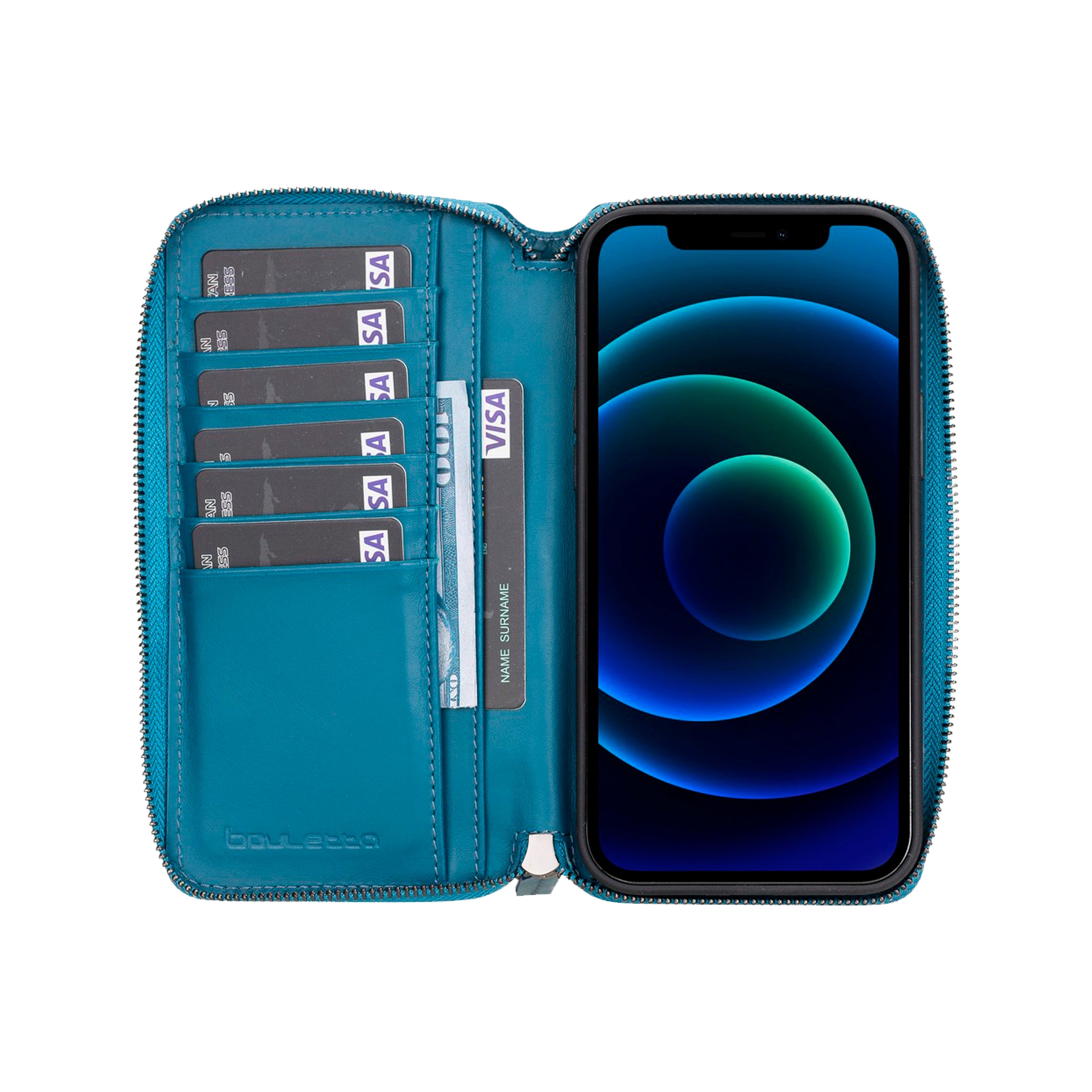 Pouch Magnetic Detachable Leather Wallet Case for iPhone 12 Pro Max (6.7") - BLUE - saracleather