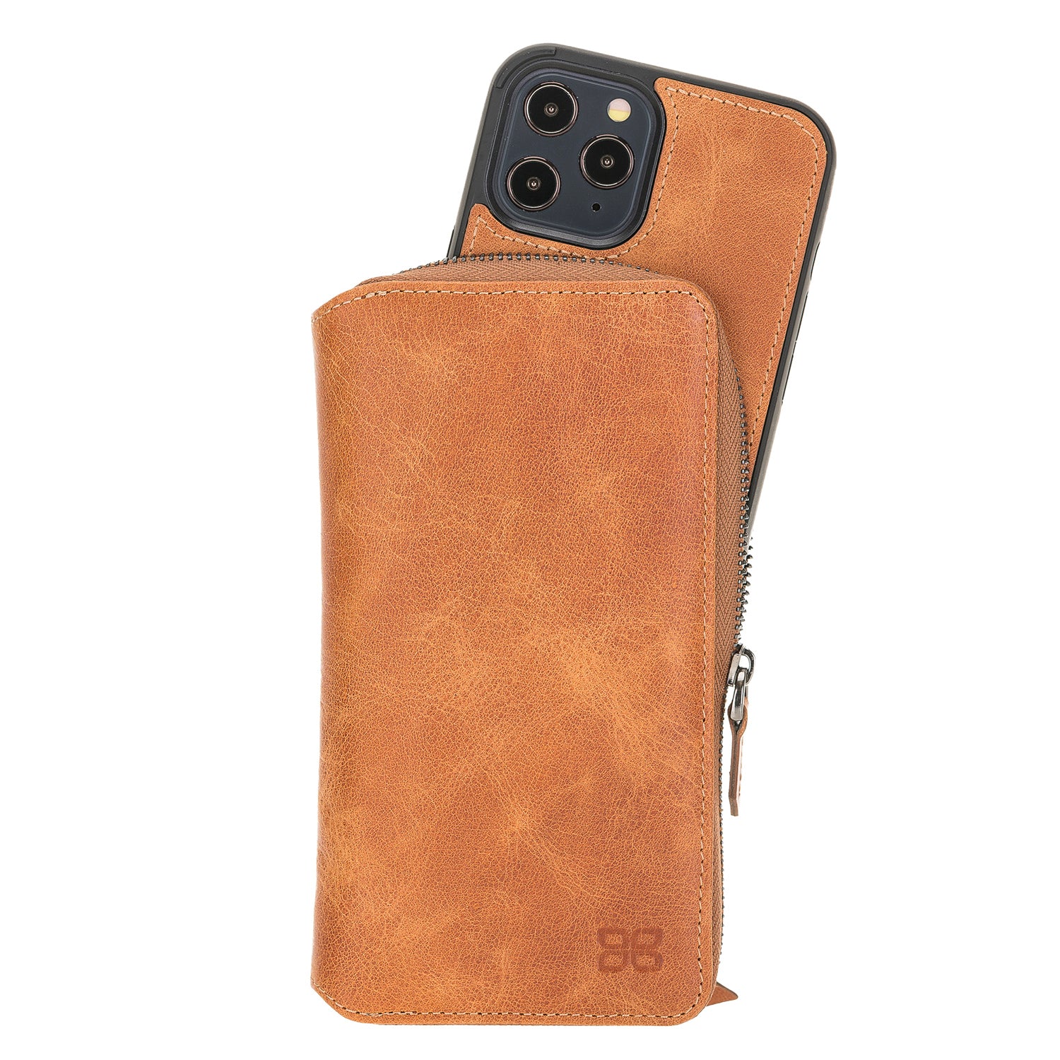 Pouch Magnetic Detachable Leather Wallet Case for iPhone 12 Pro Max (6.7") - TAN - saracleather