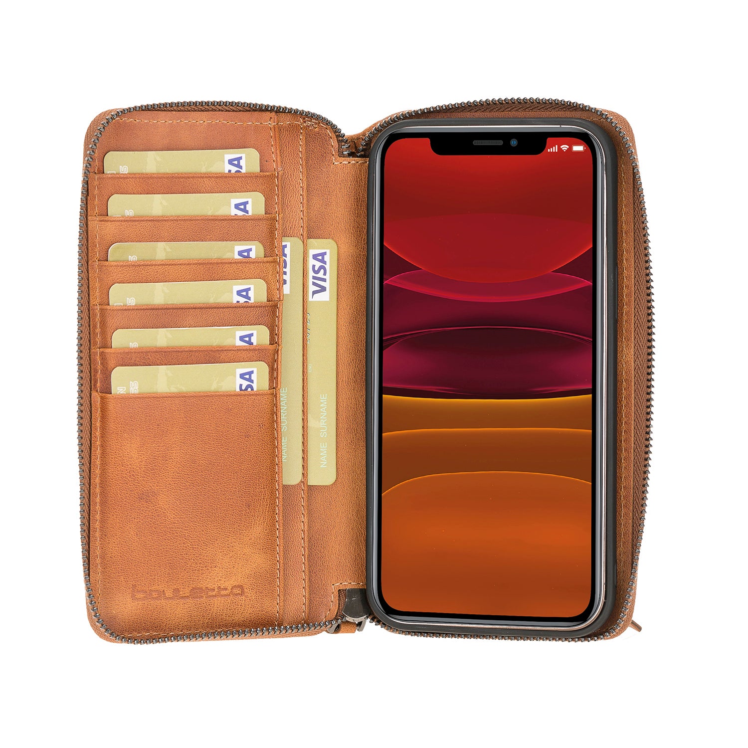 Pouch Magnetic Detachable Leather Wallet Case for iPhone 12 Pro Max (6.7") - TAN - saracleather