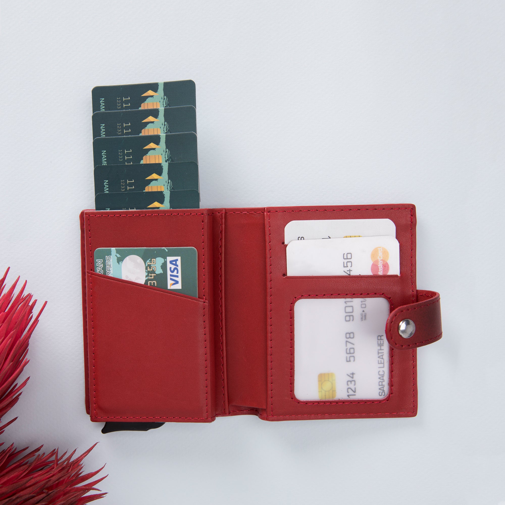 Palermo RFID Blocker Mechanism Pop Up Leather Wallet - RED - saracleather